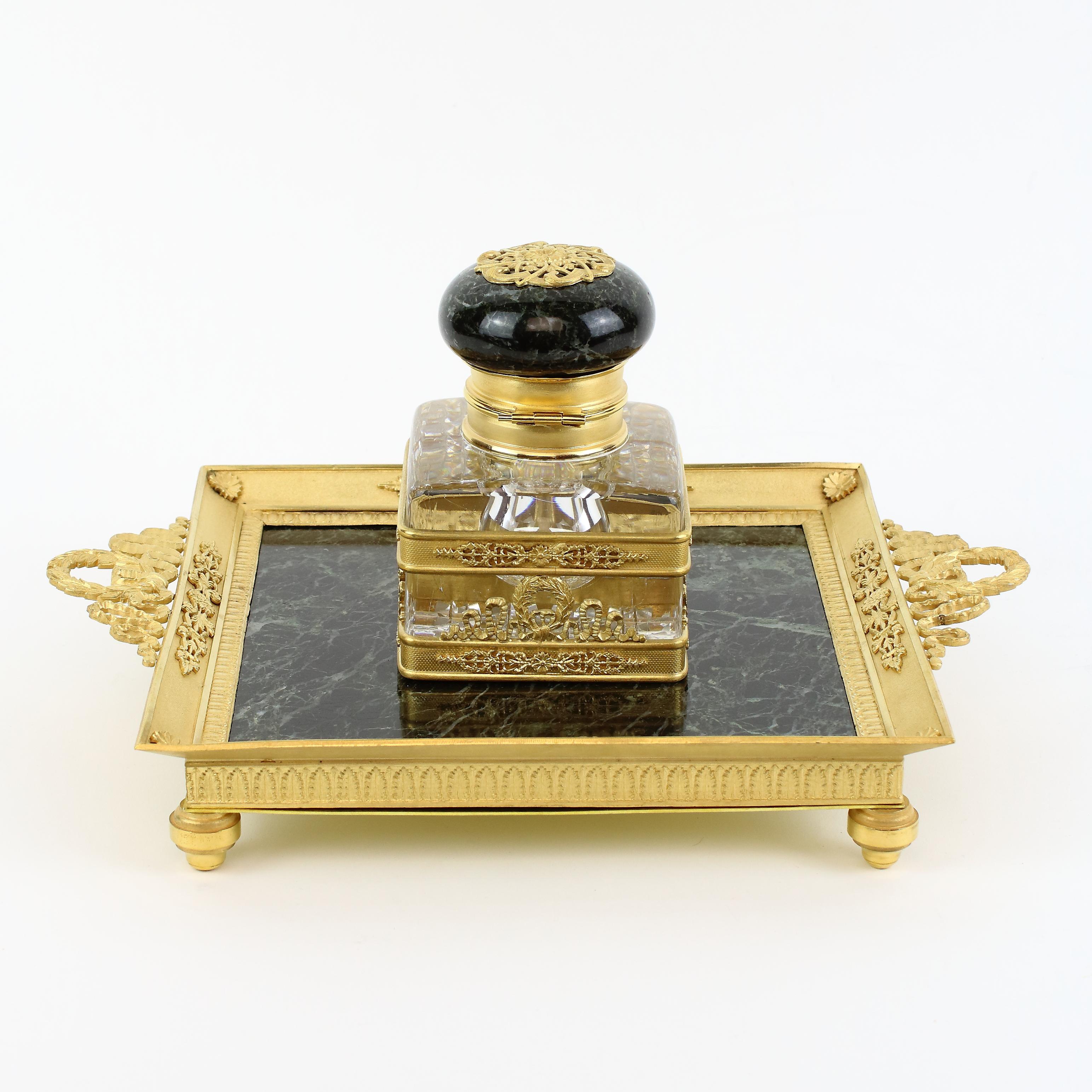 French 19th Century Empire Gilt Bronze Crystal Marble Inkstand Attr. Baccarat 2