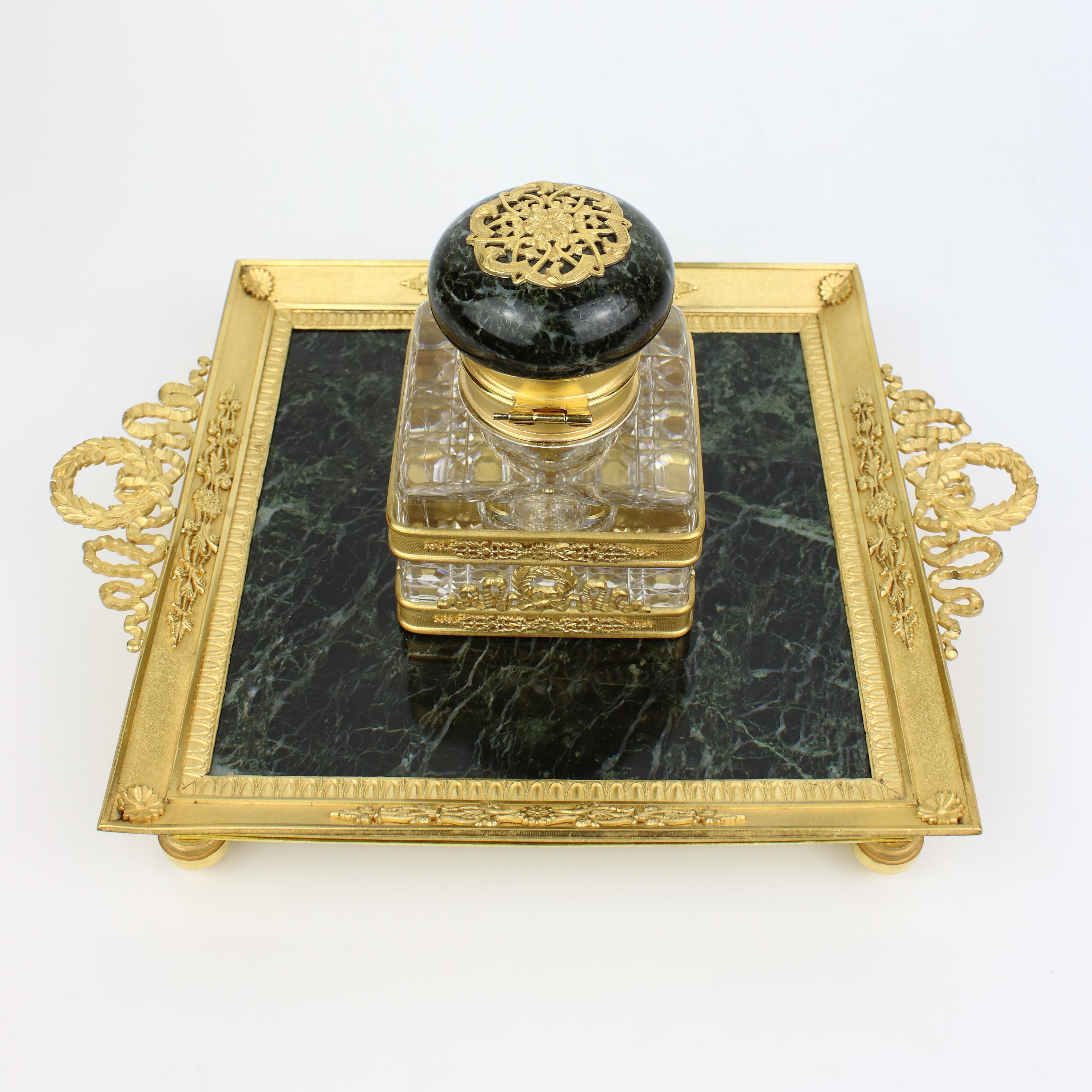 French 19th Century Empire Gilt Bronze Crystal Marble Inkstand Attr. Baccarat 3