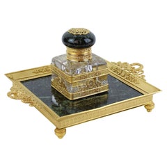 French 19th Century Empire Gilt Bronze Crystal Marble Inkstand Attr. Baccarat