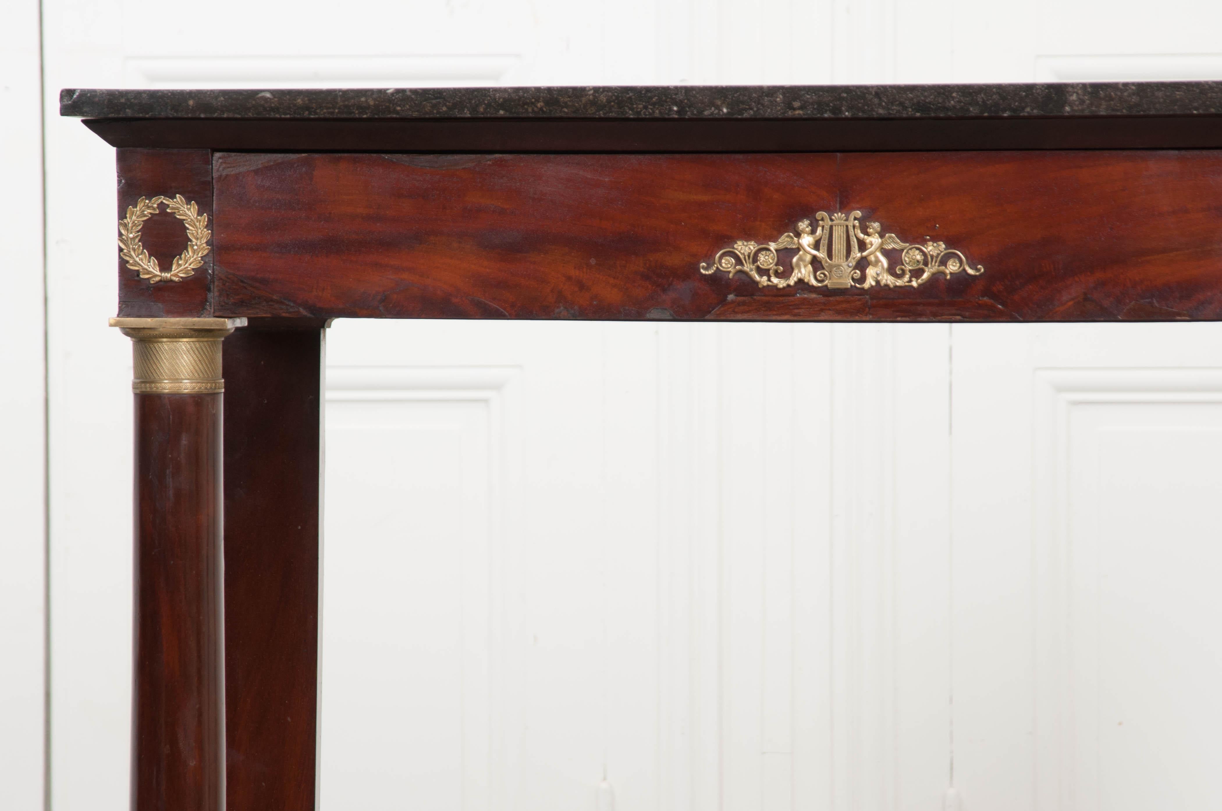 Cast French 19th Century Empire Mahogany and Marble Top Console