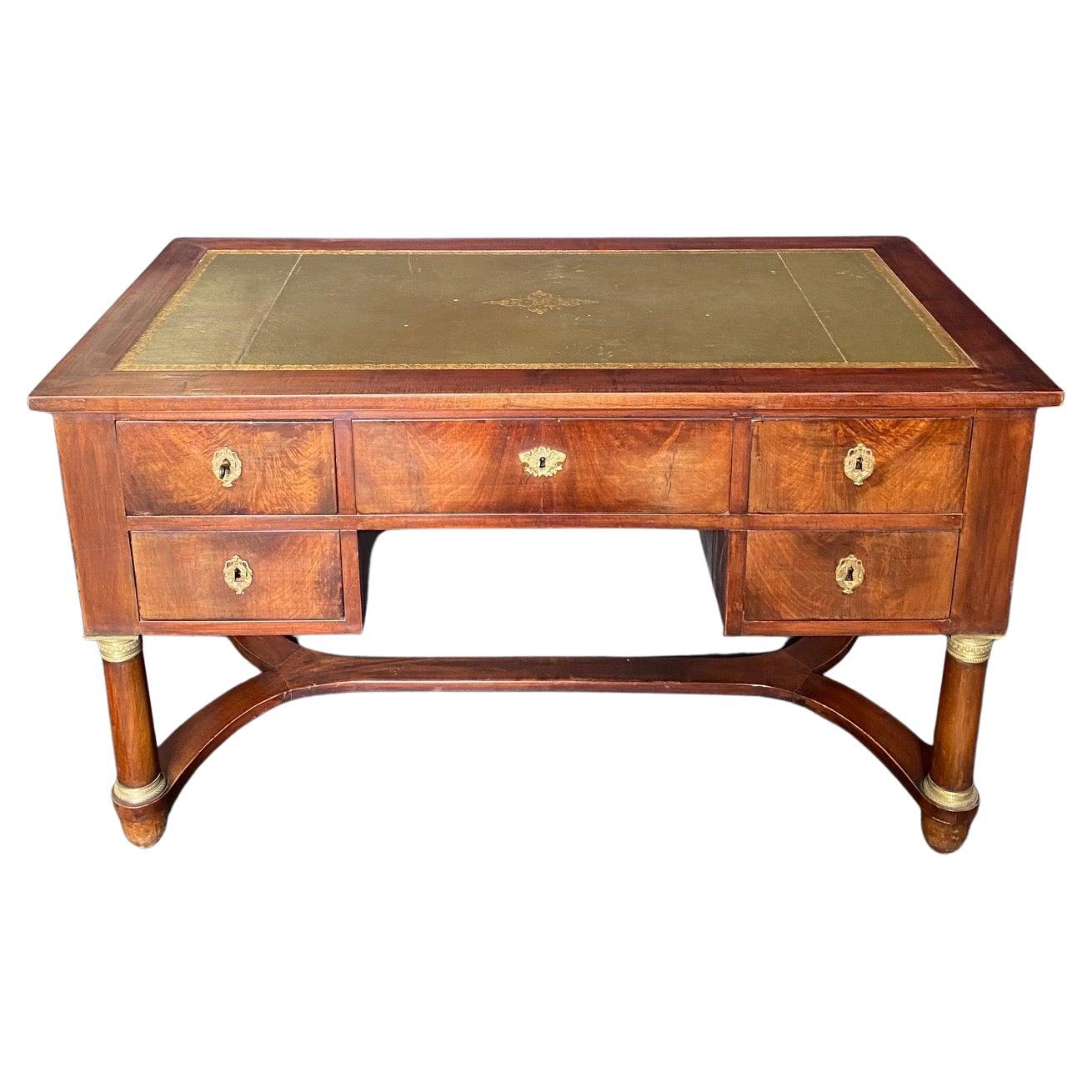 French 19th Century Empire Mahogany Writing Desk with Embossed Leather Top For Sale