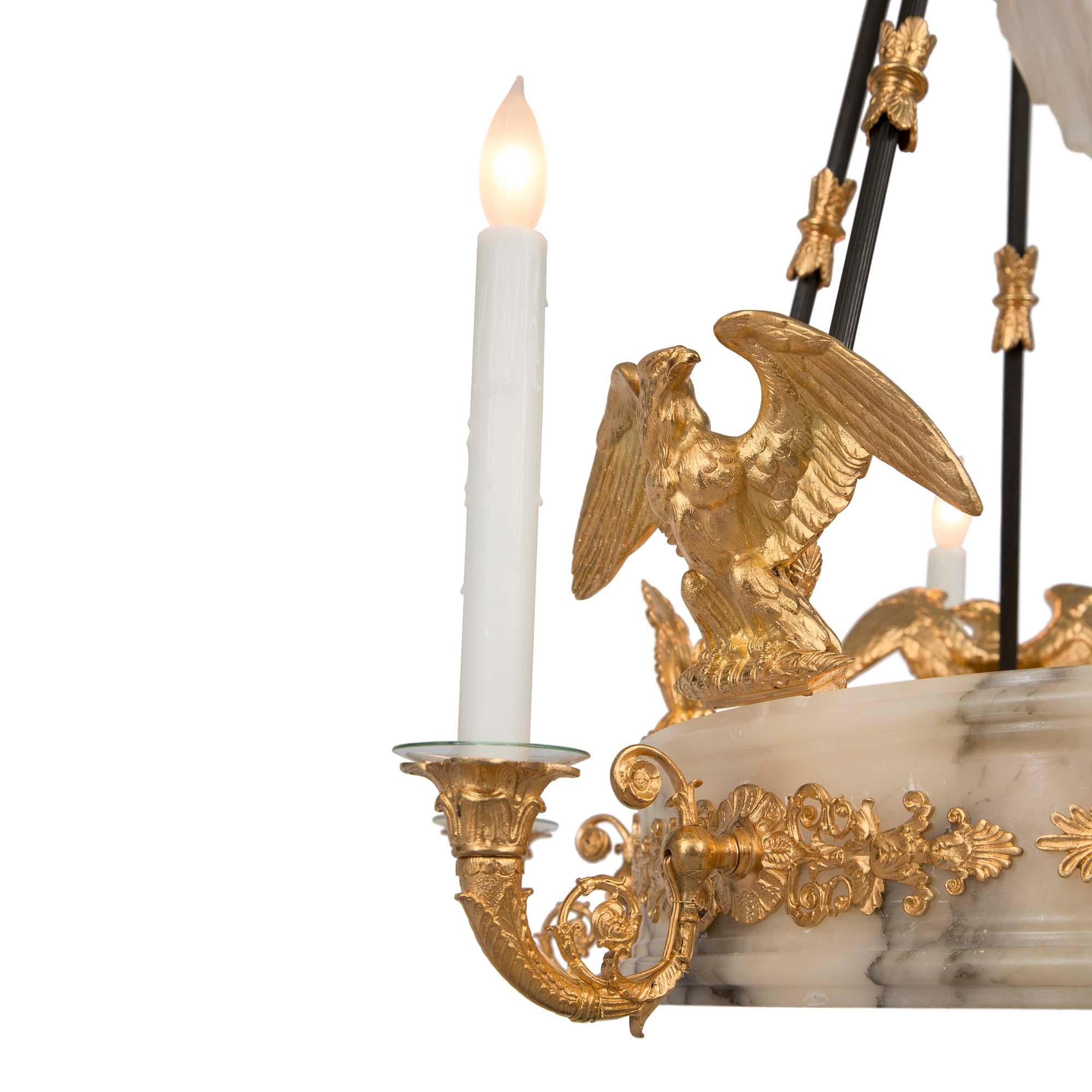 French 19th Century Empire Neoclassical St. Alabaster and Ormolu Chandelier 1