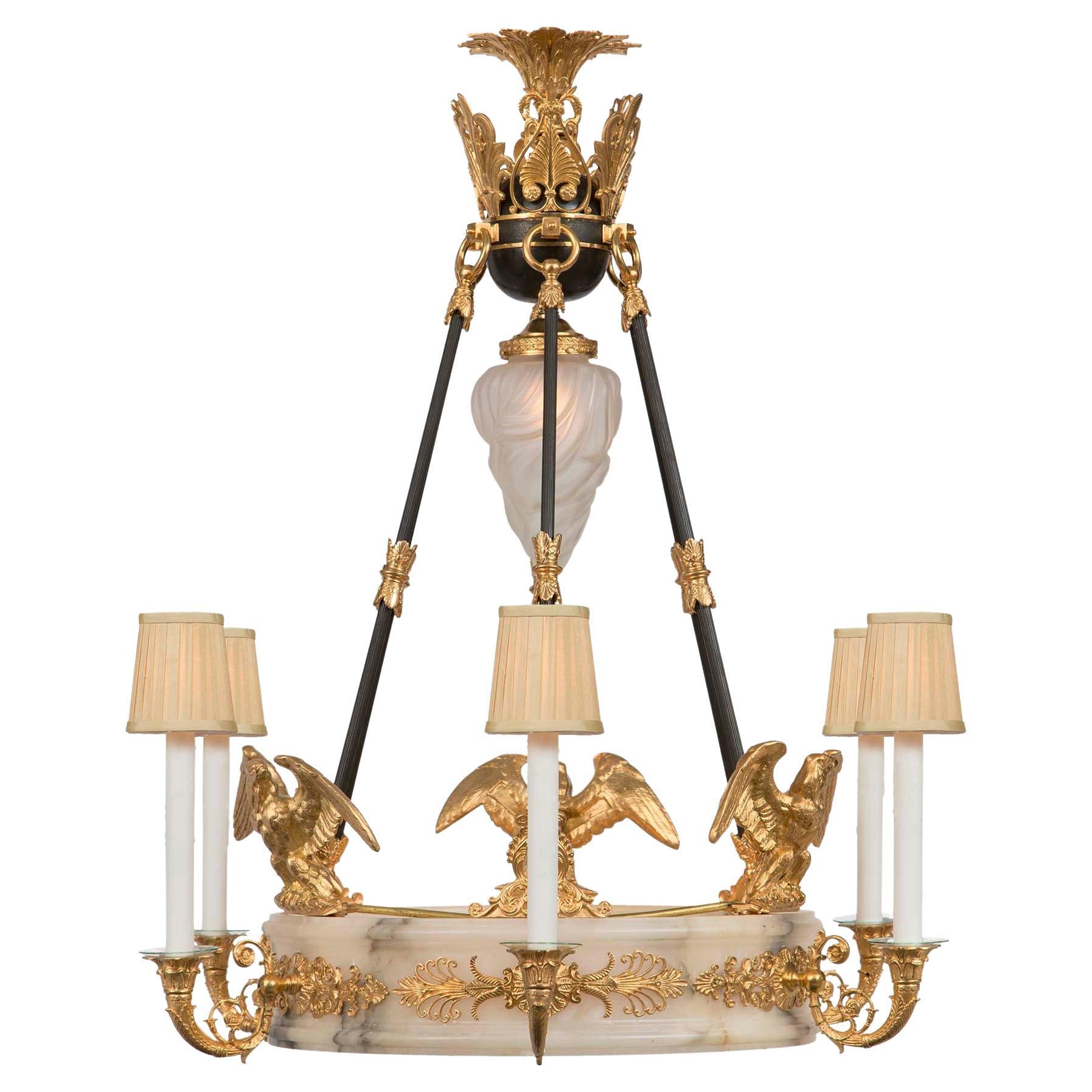 French 19th Century Empire Neoclassical St. Alabaster and Ormolu Chandelier