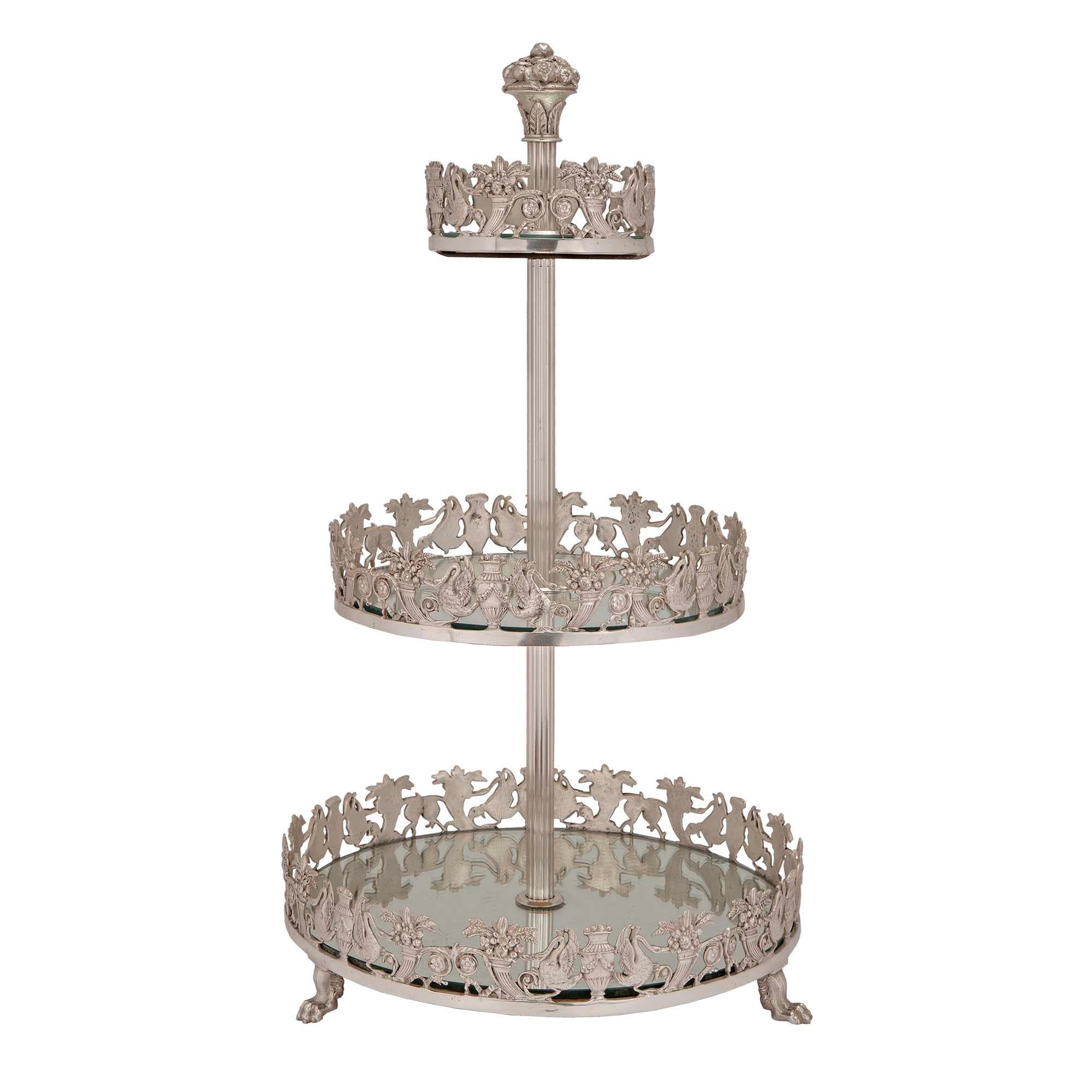 French 19th Century Empire Neoclassical Style Silvered Bronze Three-Tier Platea In Good Condition For Sale In West Palm Beach, FL