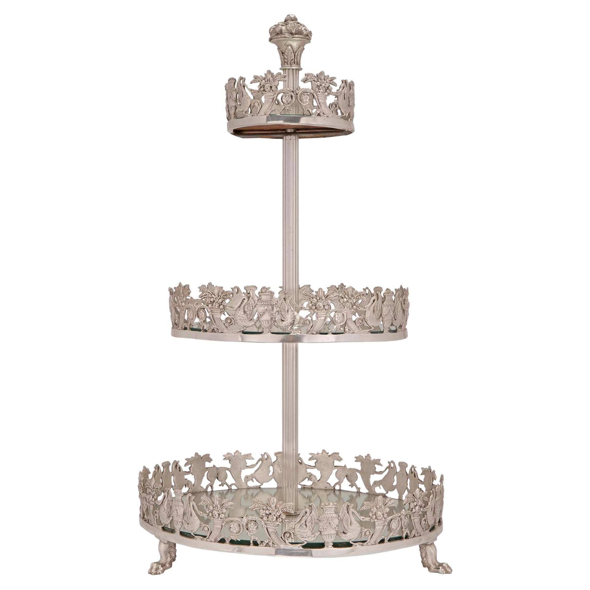 French 19th Century Empire Neoclassical Style Silvered Bronze Three-Tier Platea For Sale