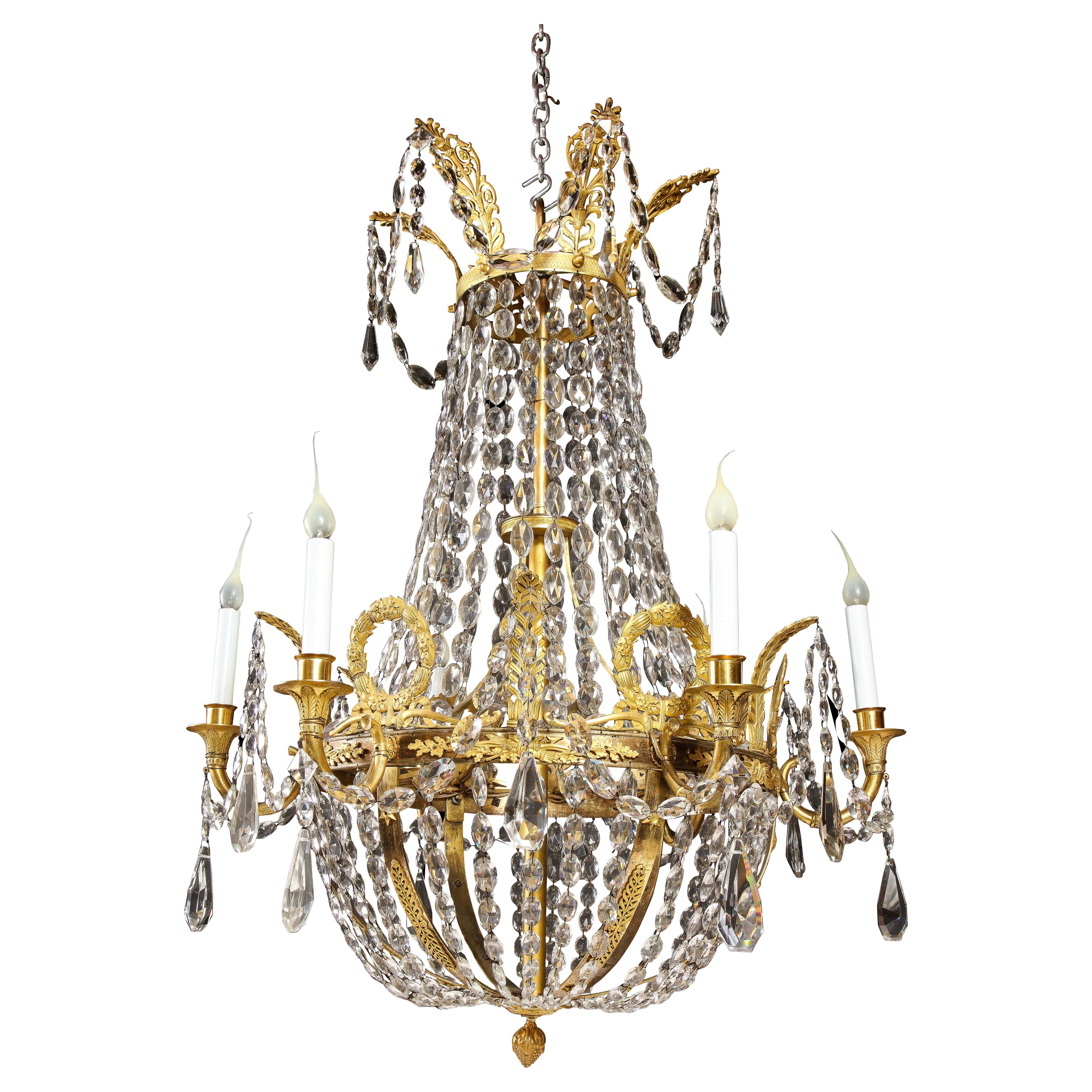 Lampadario Impero francese del XIX secolo in ormolu e cristallo in vendita