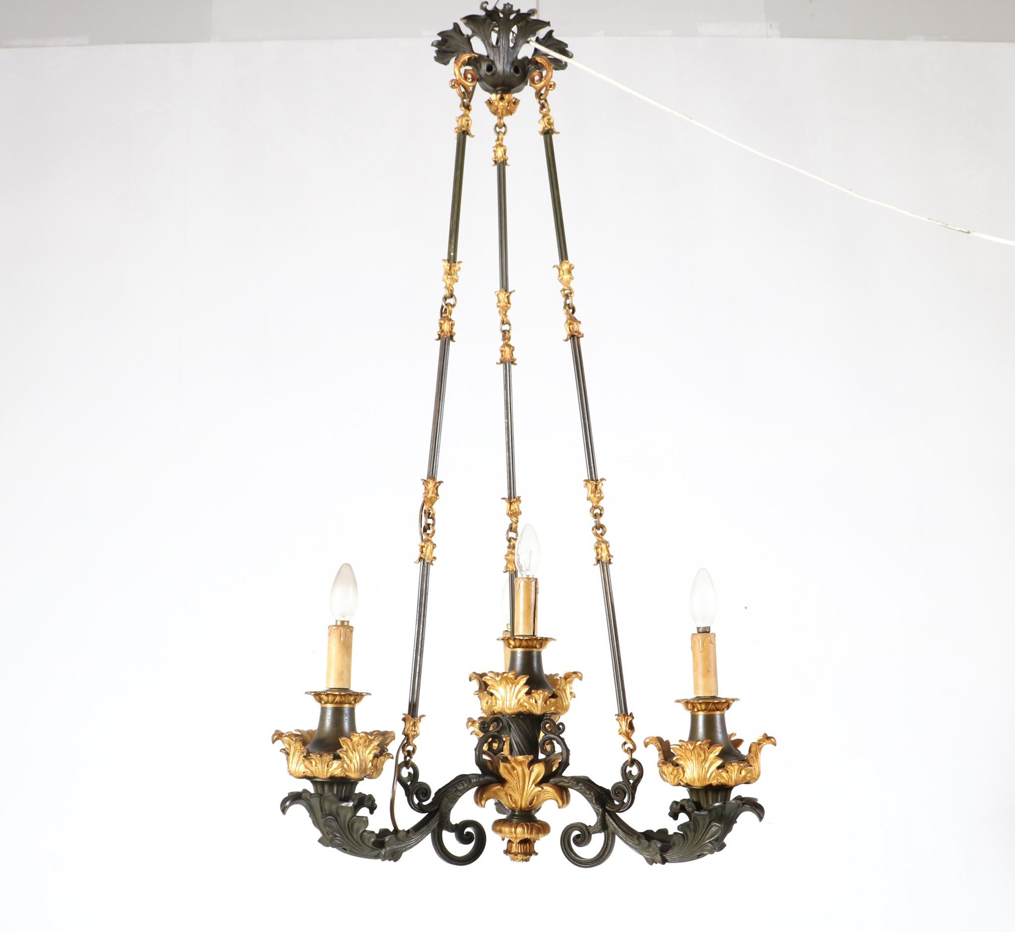 Patinated French 19th Century Empire Ormolu Bronze Four-Light Chandelier