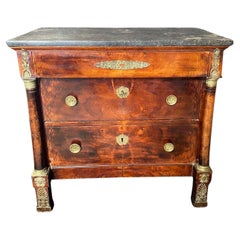Used  French 19th Century Empire Petite Walnut Commode with Marble Top