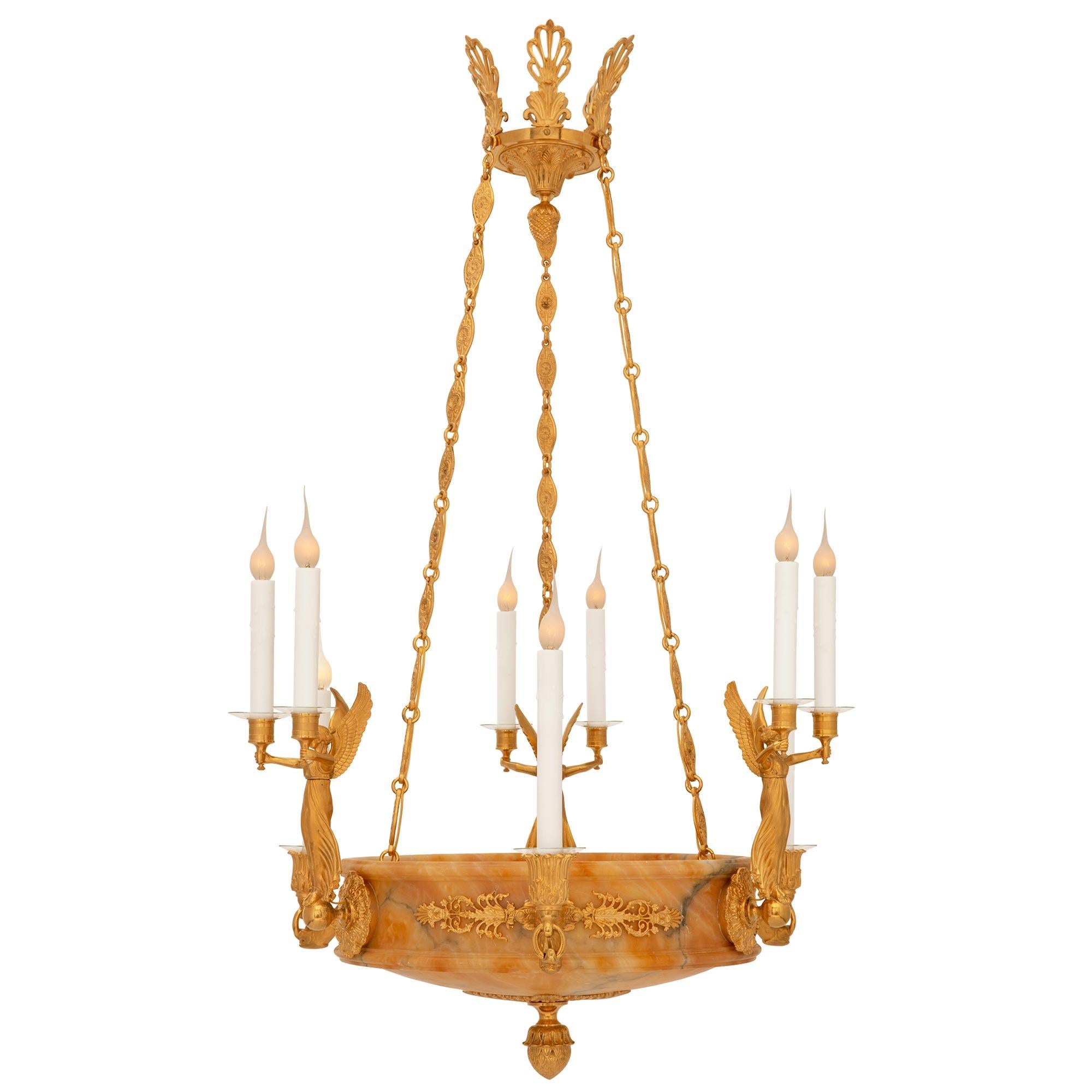 French 19th Century Empire St. Alabaster and Ormolu Chandelier In Good Condition For Sale In West Palm Beach, FL