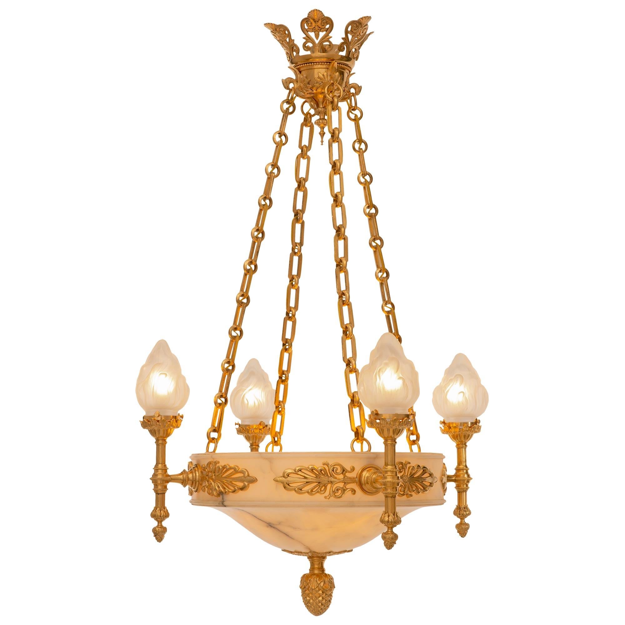 French 19th Century Empire St. Alabaster And Ormolu Chandelier For Sale 5