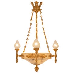 Antique French 19th Century Empire St. Alabaster And Ormolu Chandelier