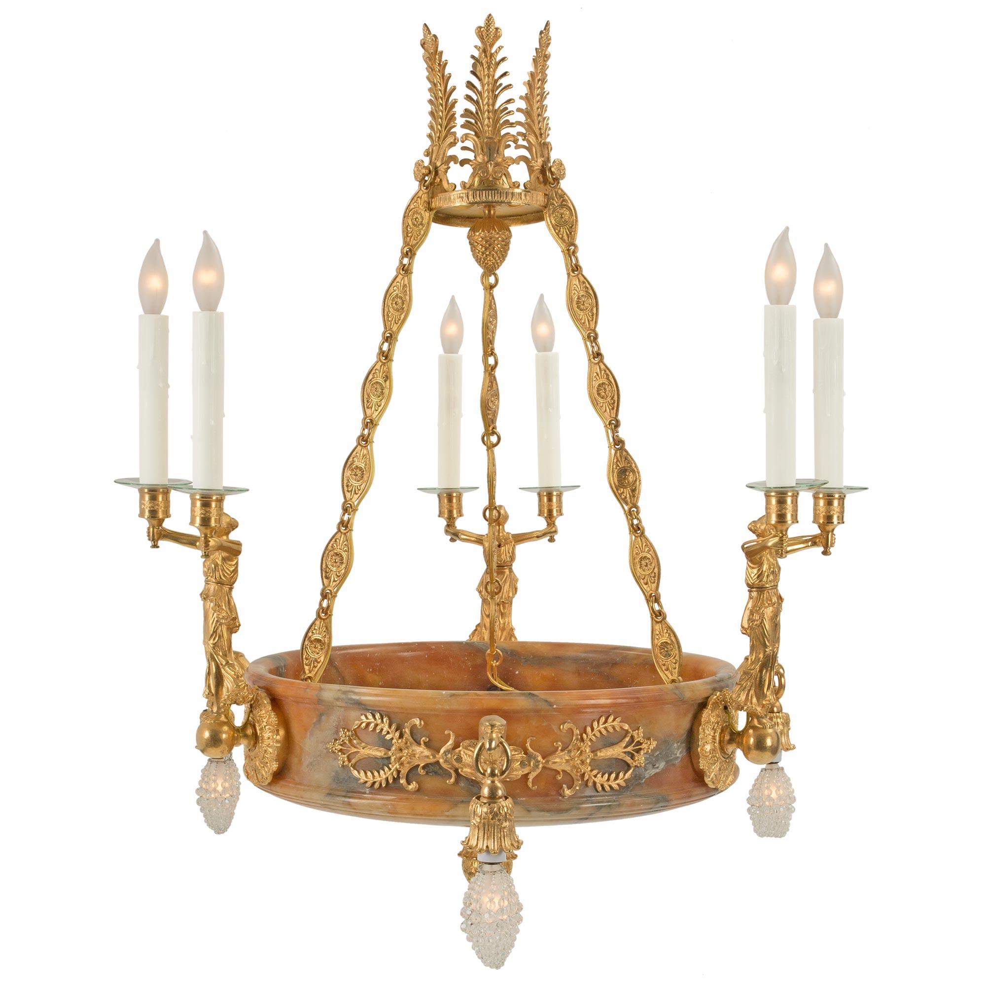 French 19th Century Empire St. Alabaster and Ormolu Twelve Light Chandelier In Good Condition In West Palm Beach, FL