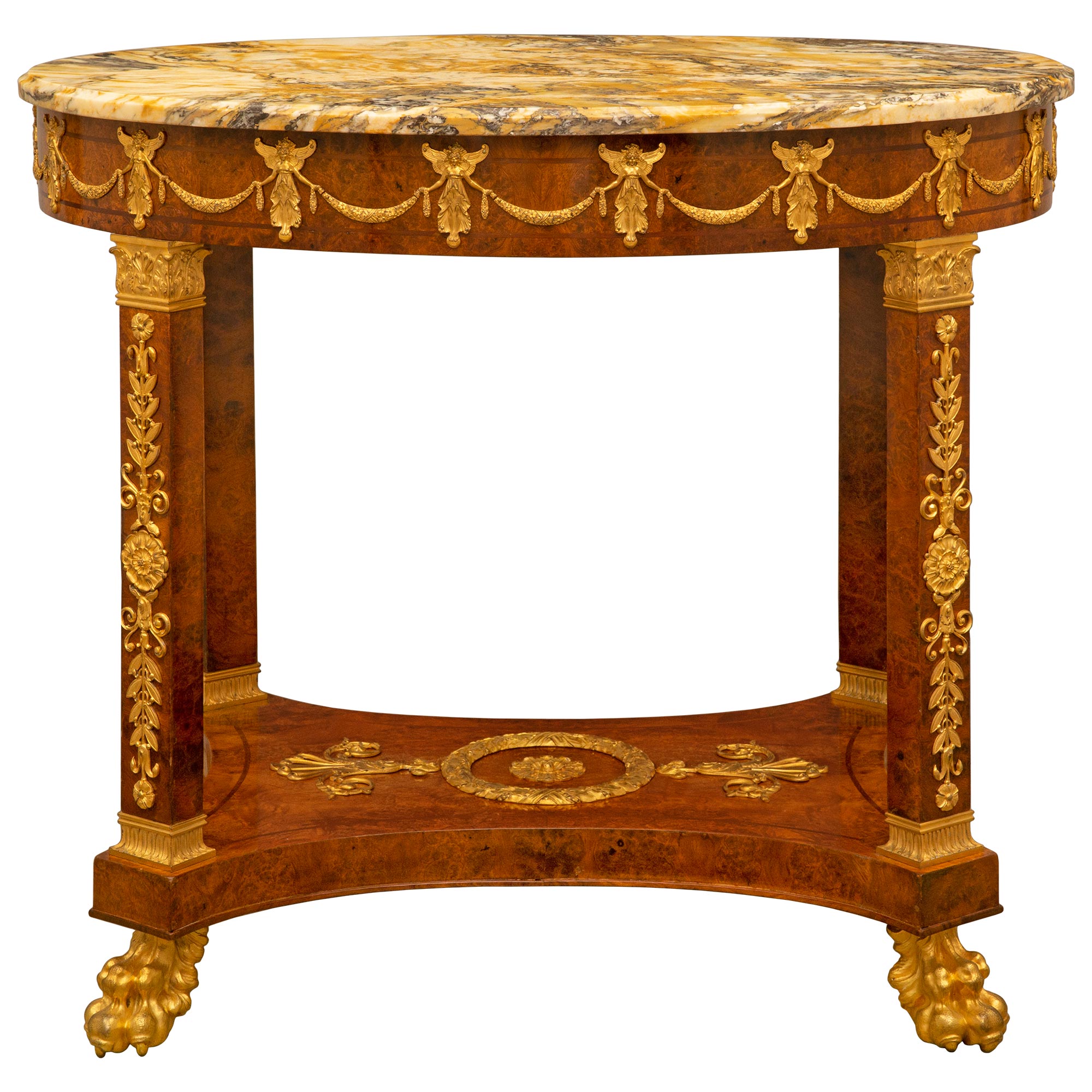 Table d'appoint Empire du 19ème siècle en ronce de noyer, bronze doré et marbre en vente