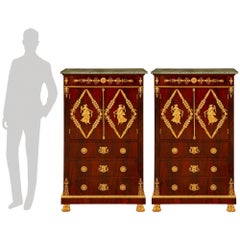 French 19th century Empire st. flamed Mahogany, Ormolu and Verde Marble cabinets