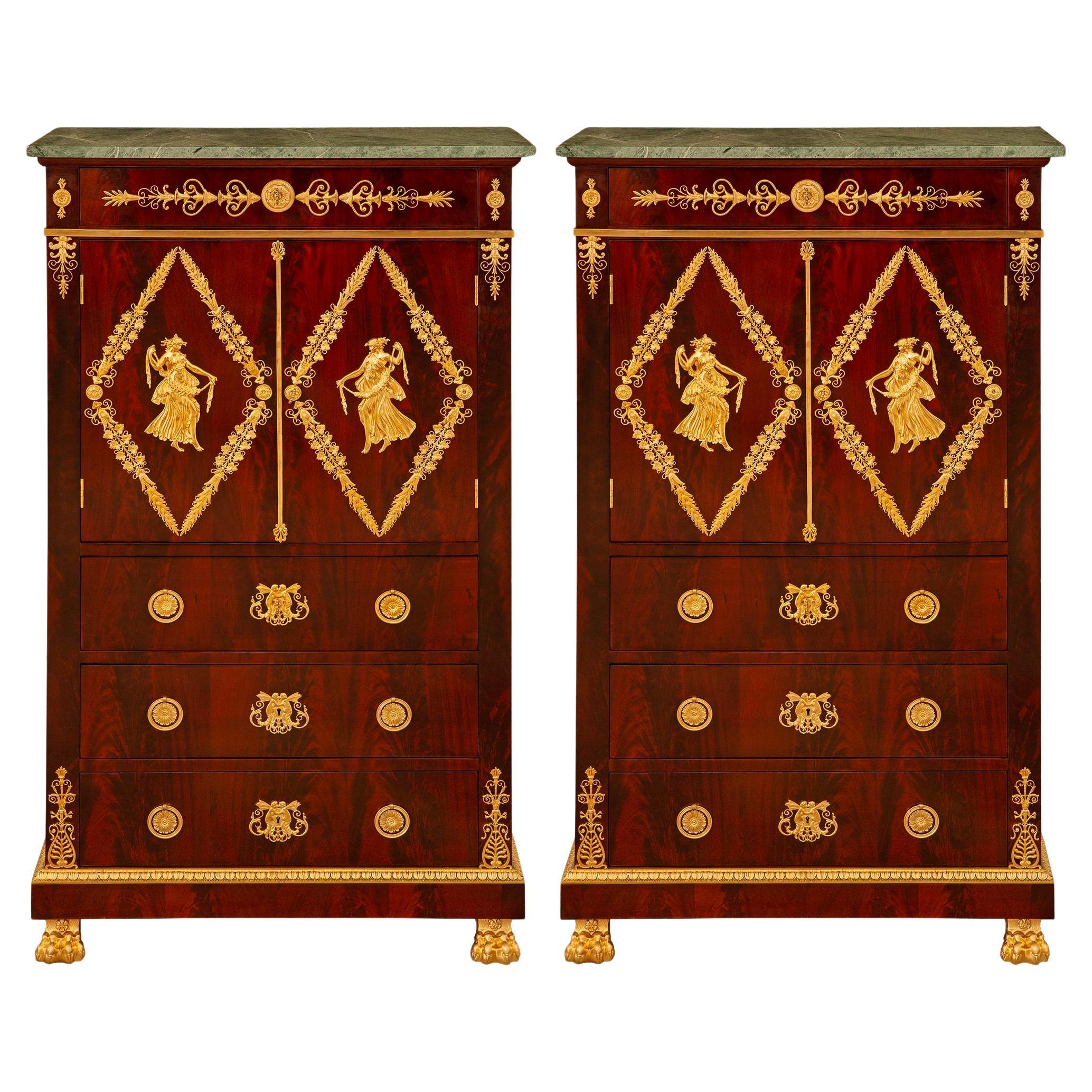 French 19th century Empire st. flamed Mahogany, Ormolu and Verde Marble cabinets