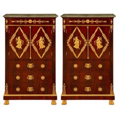 French 19th century Empire st. flamed Mahogany, Ormolu and Verde Marble cabinets