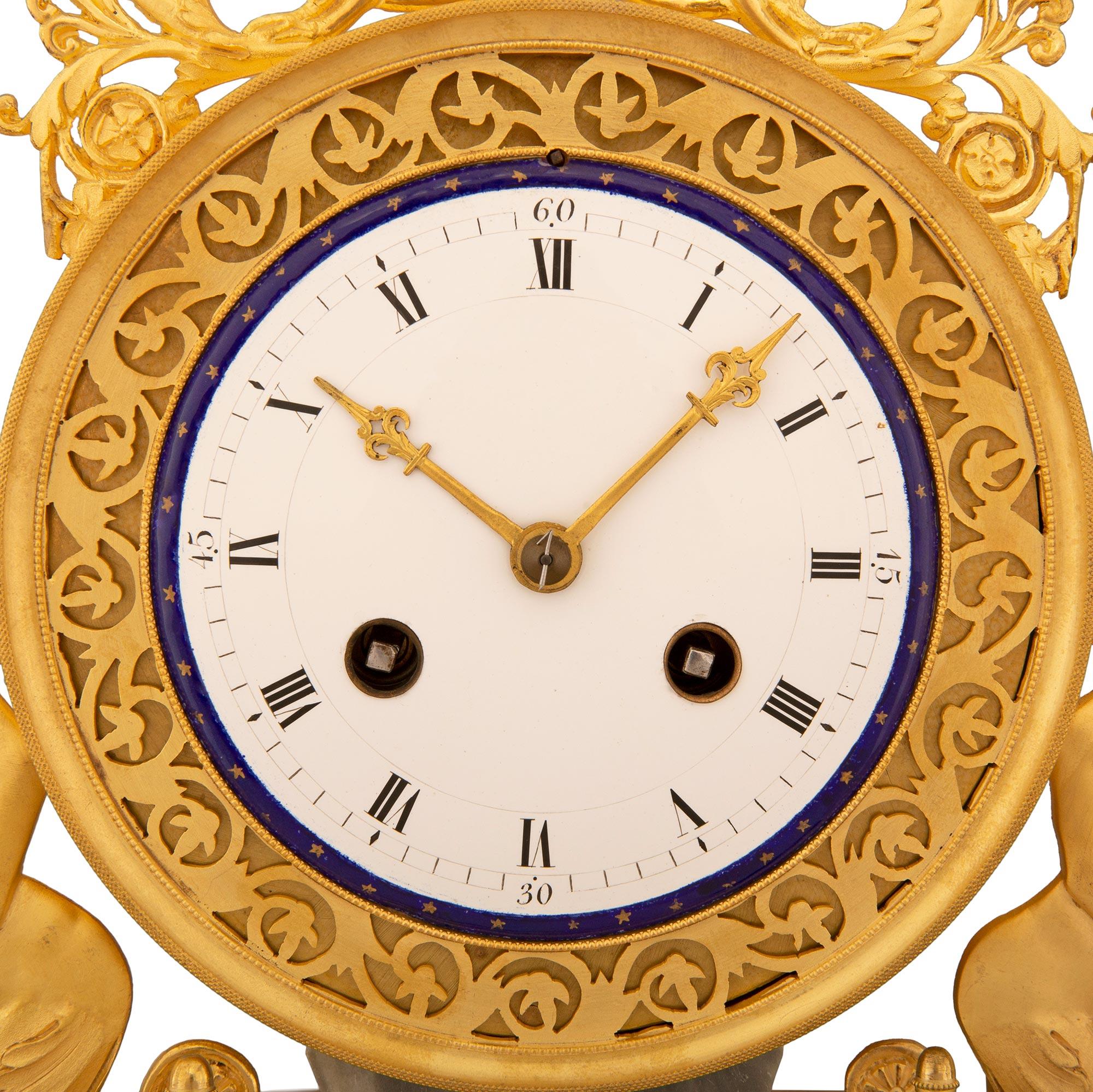 French 19th century Empire st. Gris st. Anne, Carrara marble, and Ormolu clock For Sale 3