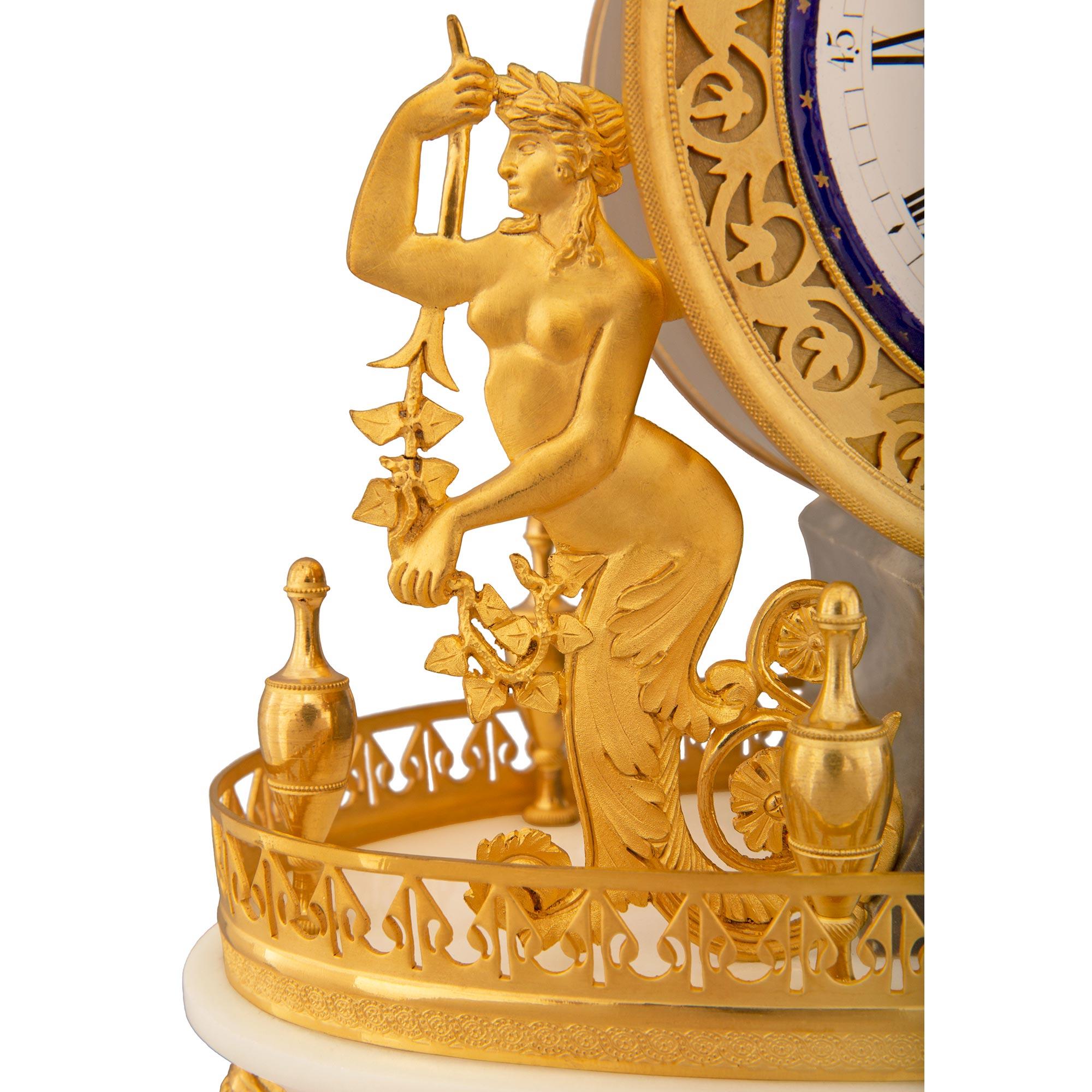 French 19th century Empire st. Gris st. Anne, Carrara marble, and Ormolu clock For Sale 4