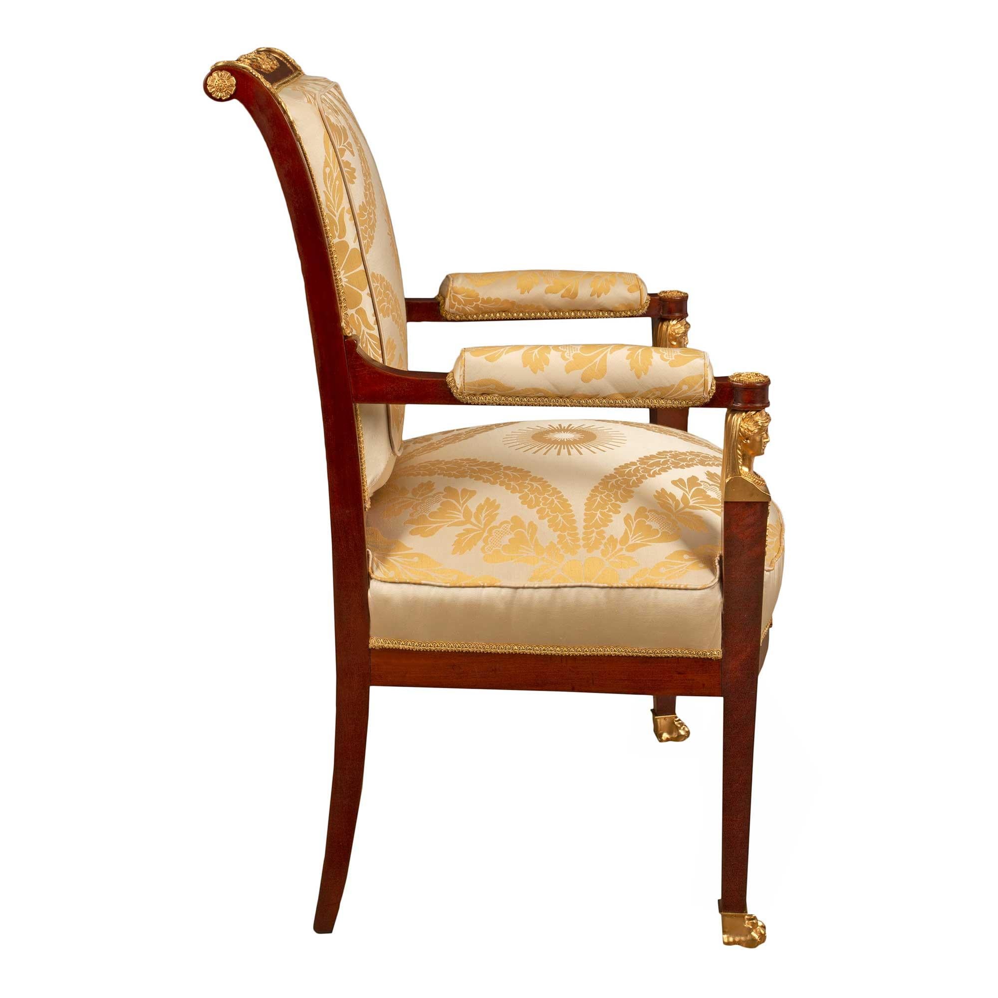 French 19th Century Empire Style Mahogany and Ormolu Armchairs In Good Condition For Sale In West Palm Beach, FL