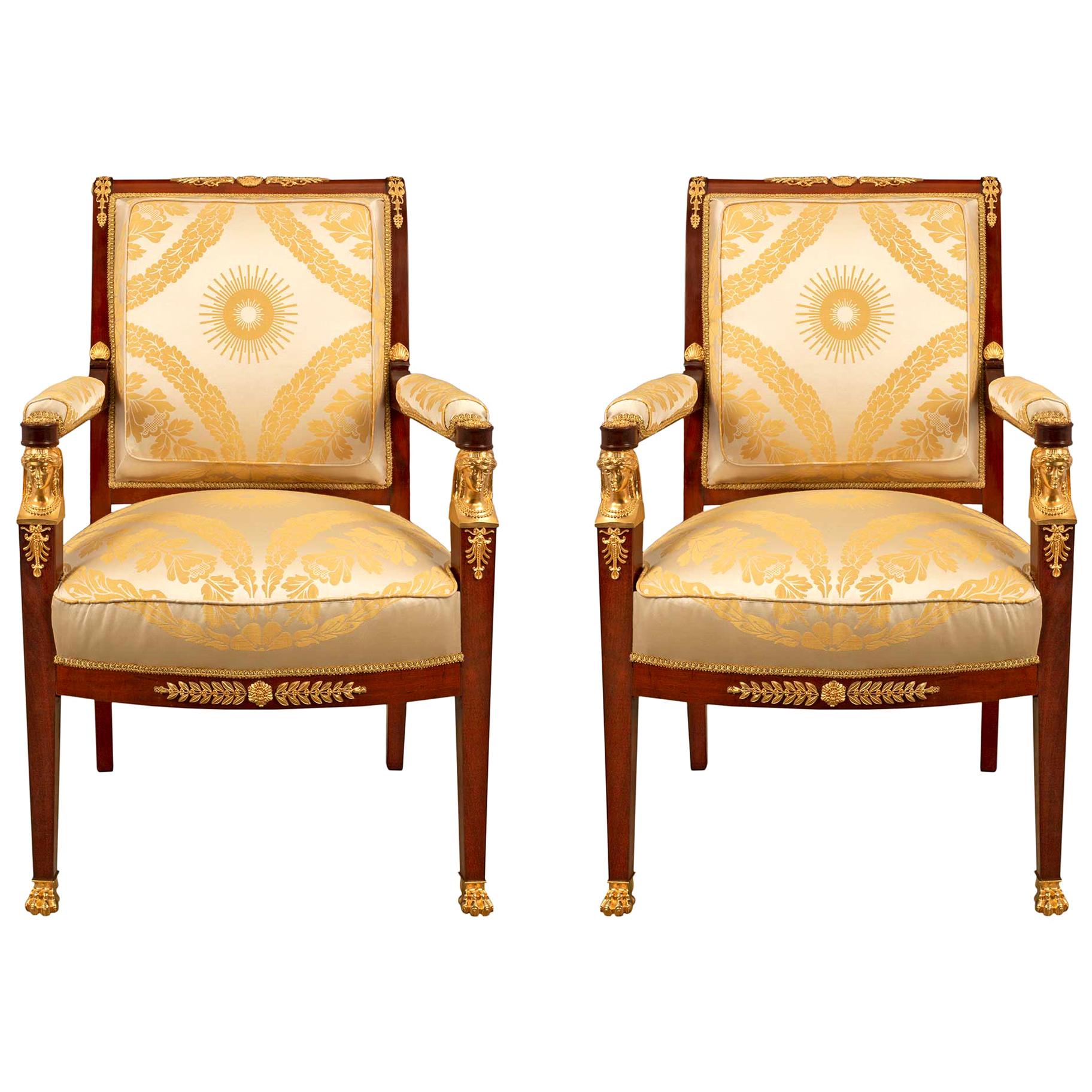 French 19th Century Empire Style Mahogany and Ormolu Armchairs For Sale