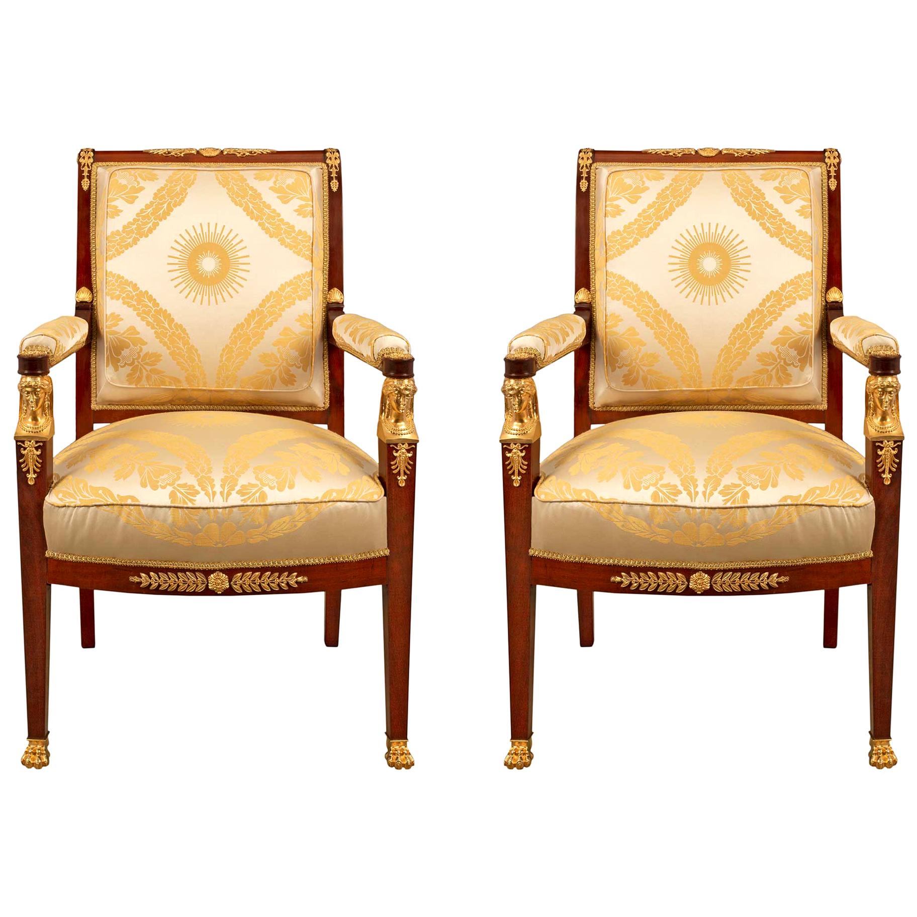 French 19th Century Empire Style Mahogany and Ormolu Armchairs