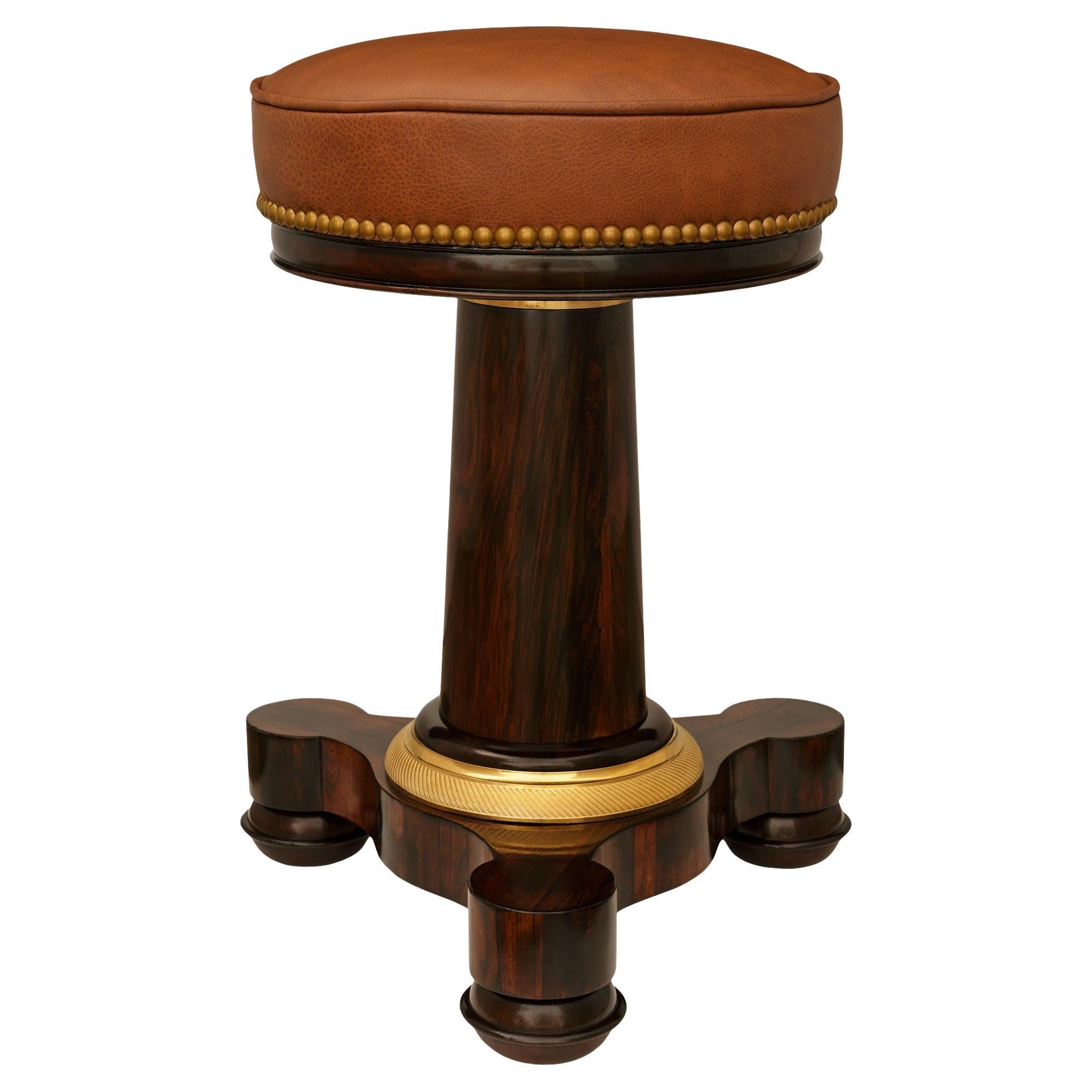 French 19th century Empire st. Mahogany, Leather and Ormolu stool