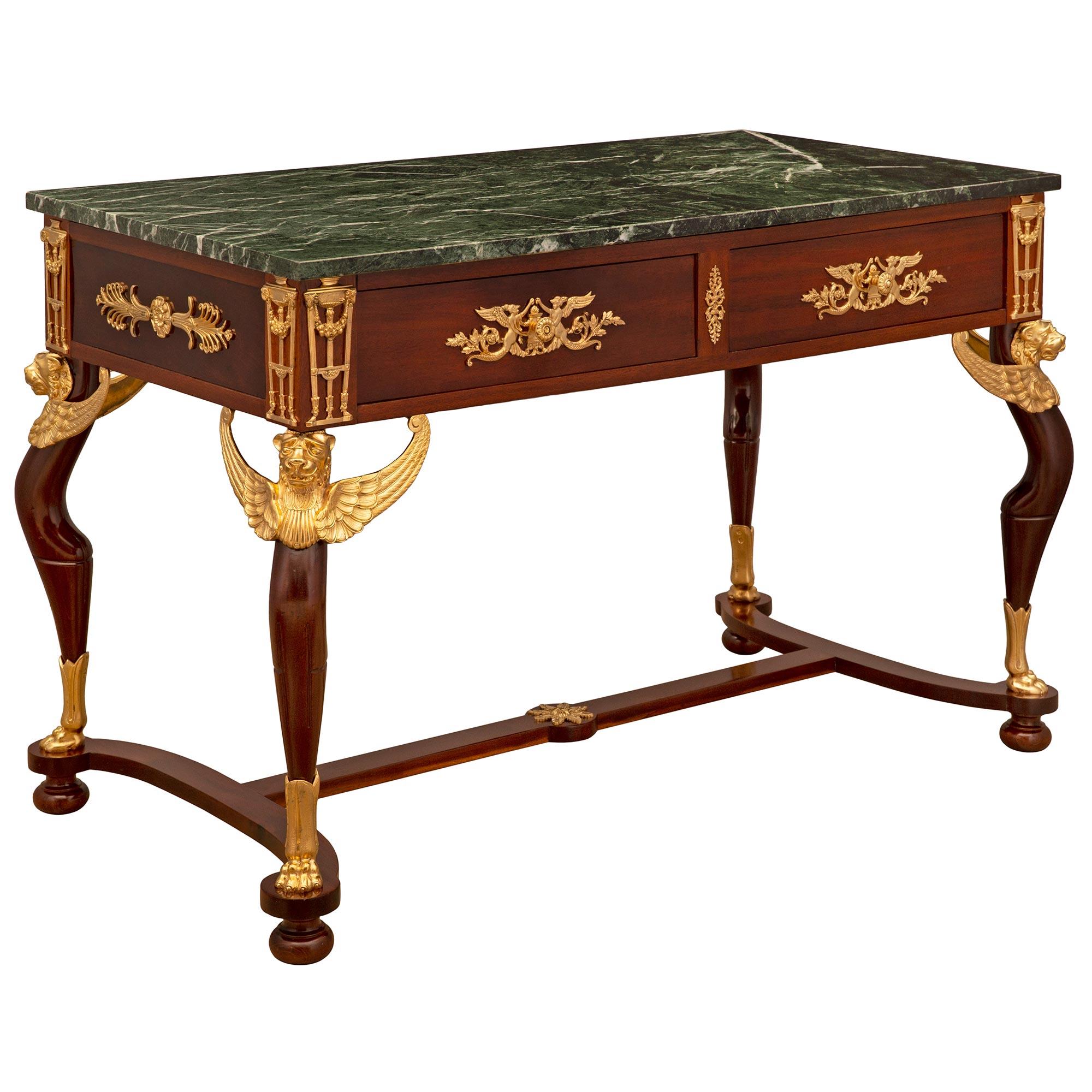 French 19th Century Empire St. Mahogany, Ormolu and Marble Center Table In Good Condition For Sale In West Palm Beach, FL