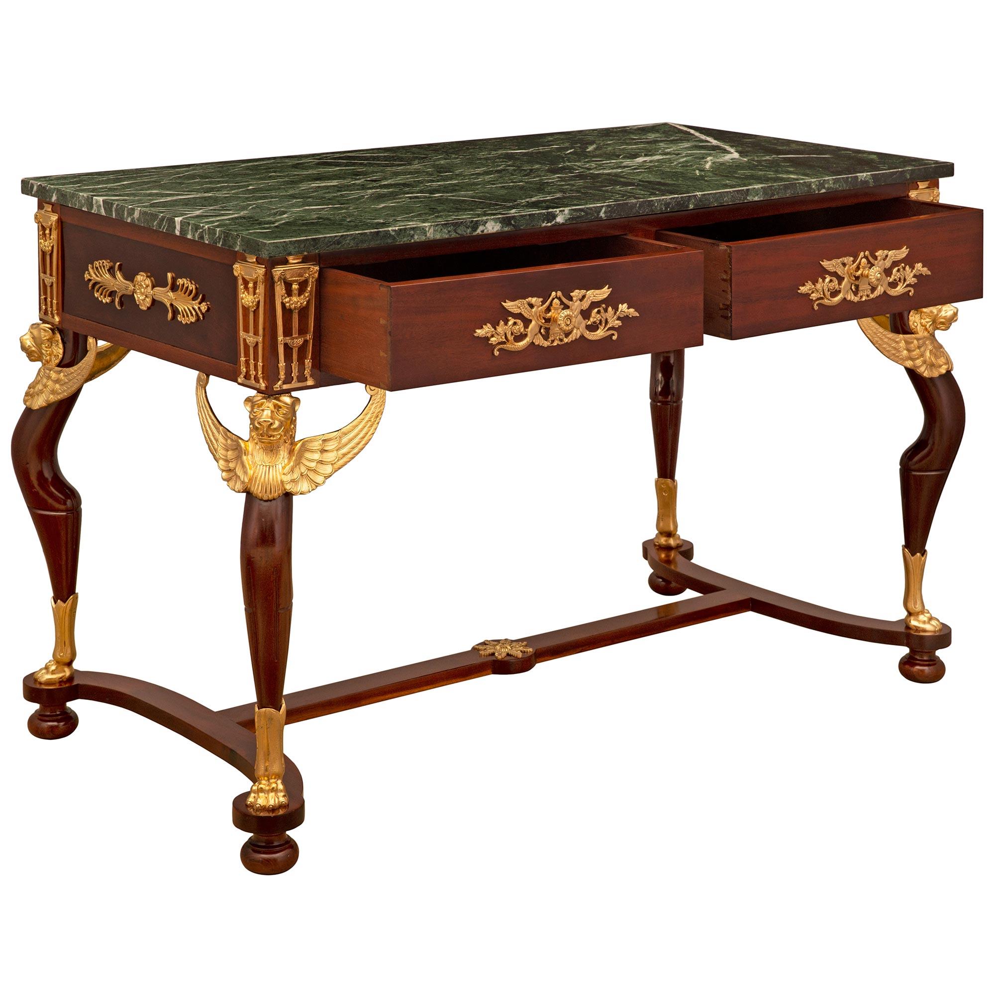 French 19th Century Empire St. Mahogany, Ormolu and Marble Center Table For Sale 1