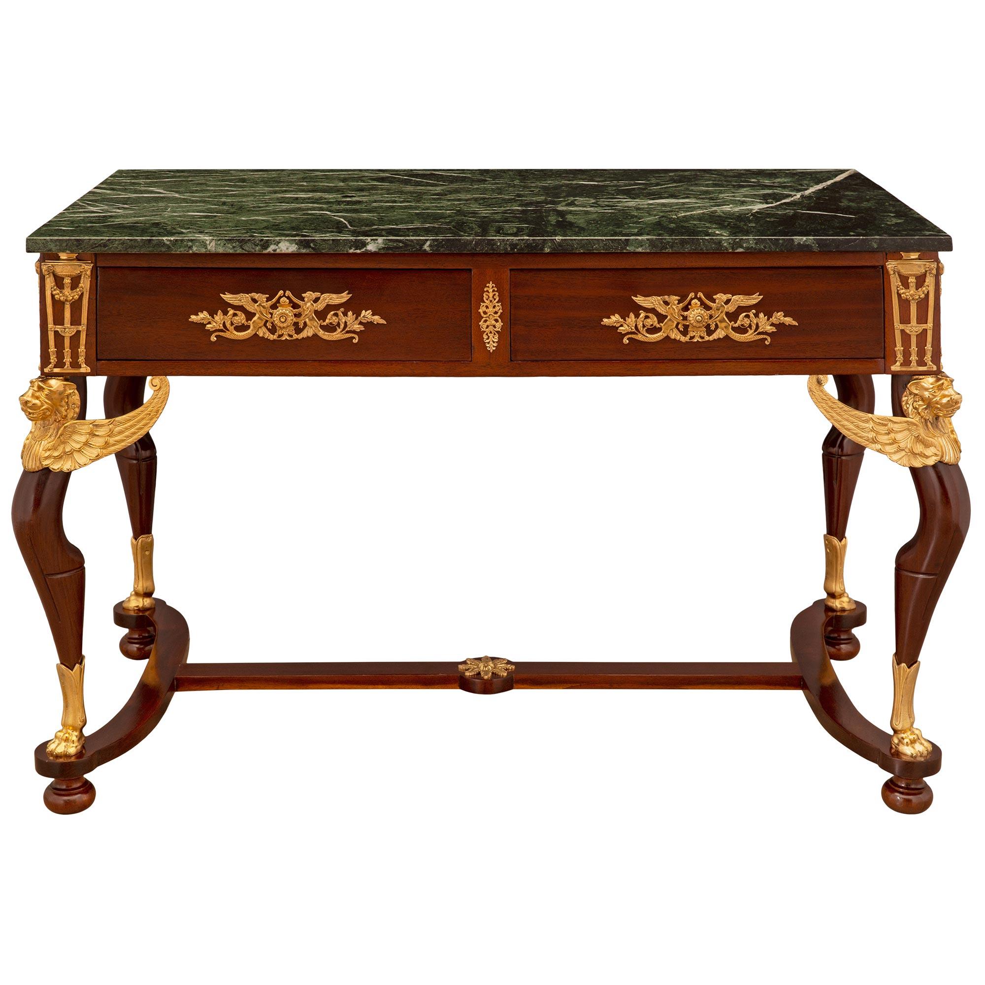 French 19th Century Empire St. Mahogany, Ormolu and Marble Center Table