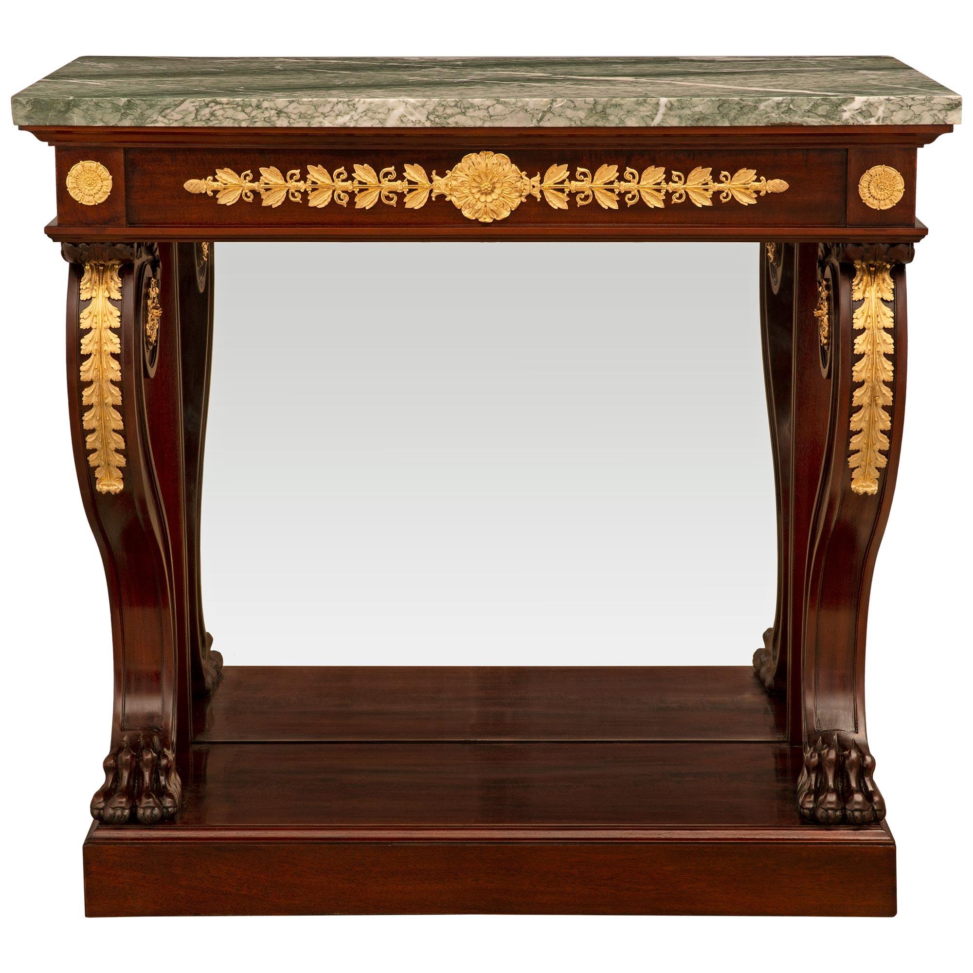 French 19th Century Empire St. Mahogany, Ormolu And Vert Campan Marble Console For Sale 6
