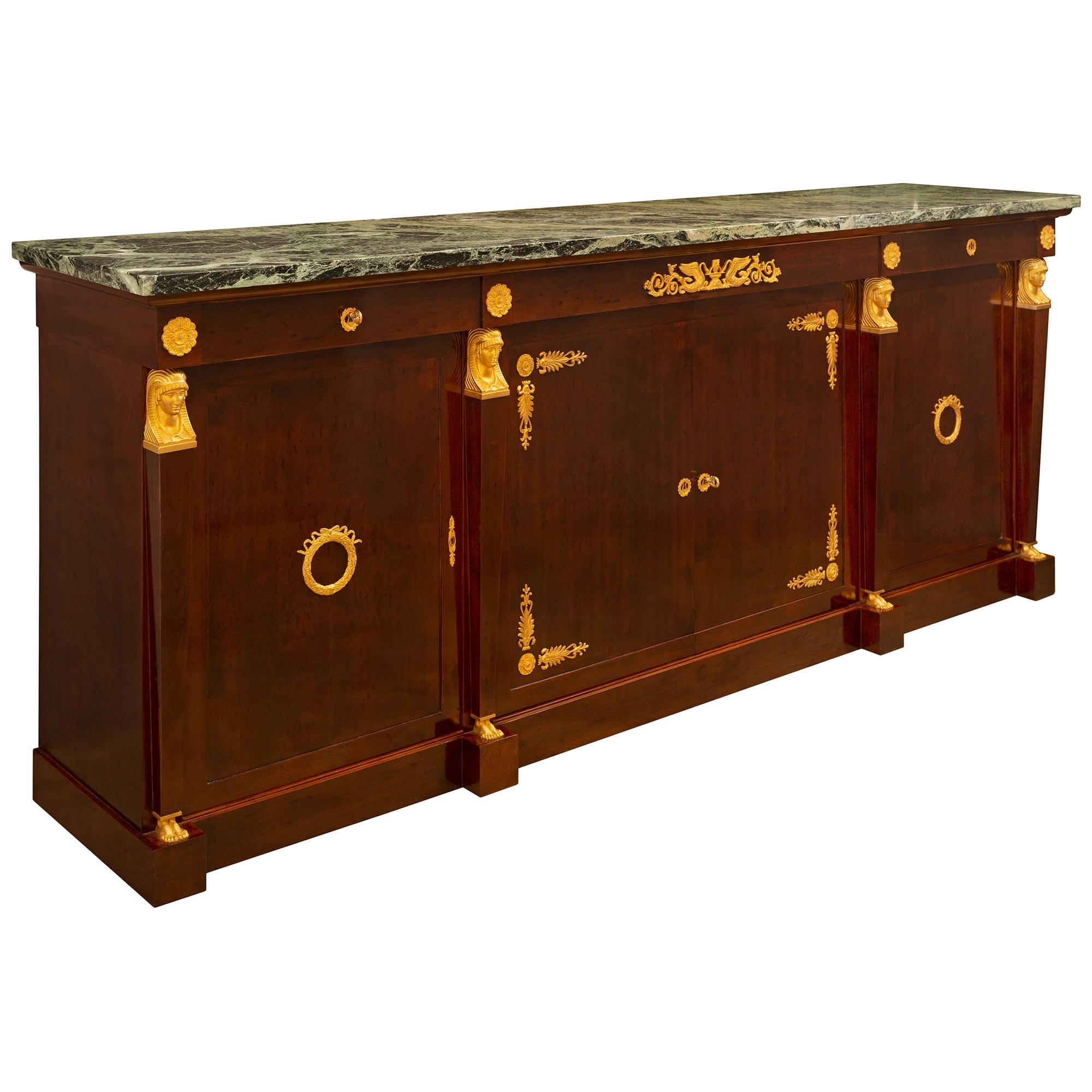 French 19th Century Empire St. Mahogany, Ormolu & Vert De Patricia Marble Buffet In Good Condition For Sale In West Palm Beach, FL