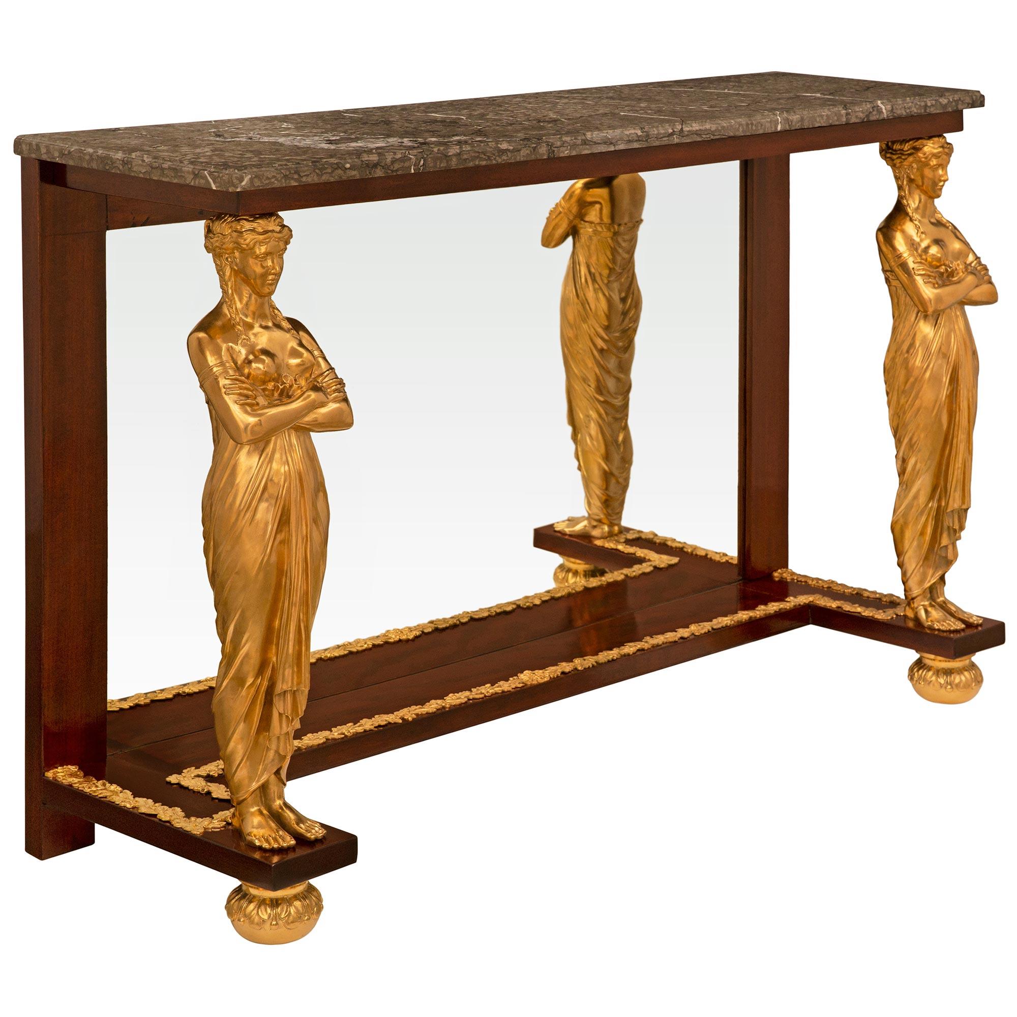 French 19th Century Empire St. Ormolu, Mahogany, And Gray Marble Console In Good Condition For Sale In West Palm Beach, FL