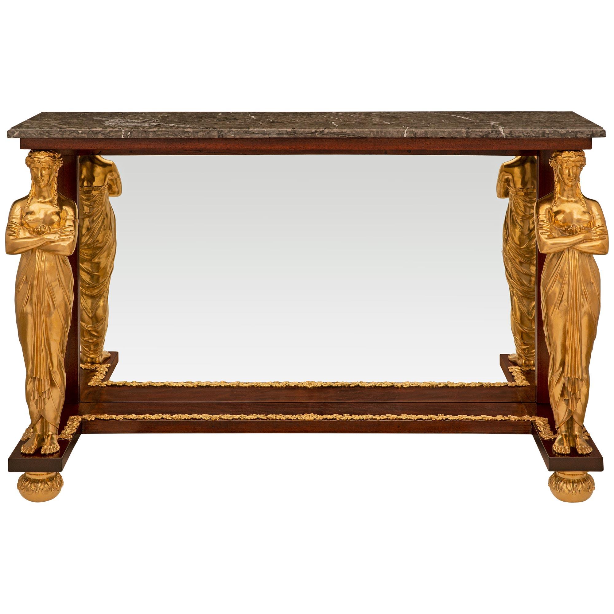 French 19th Century Empire St. Ormolu, Mahogany, And Gray Marble Console For Sale 4