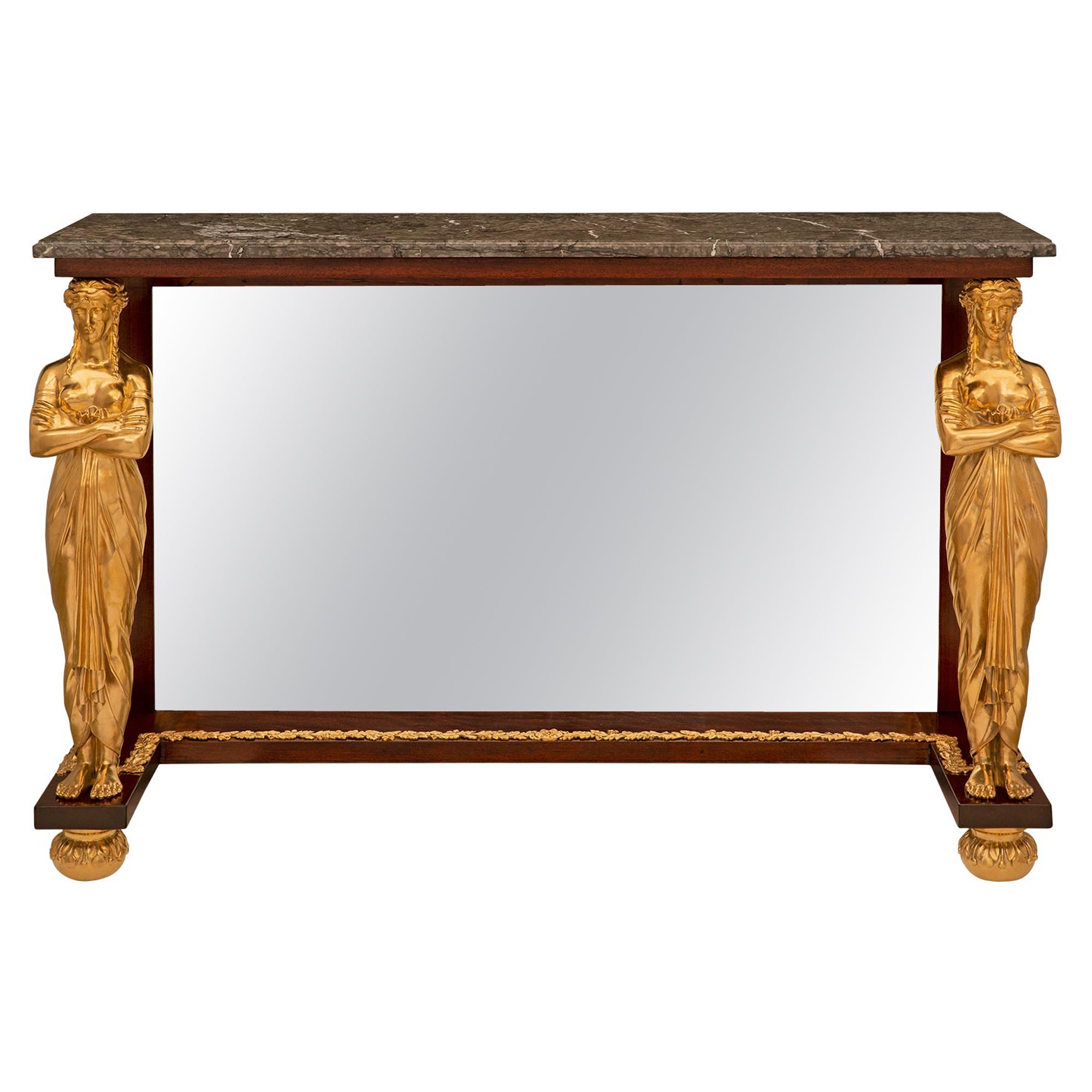 French 19th Century Empire St. Ormolu, Mahogany, And Gray Marble Console