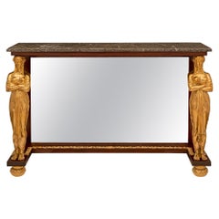 French 19th Century Empire St. Ormolu, Mahogany, And Gray Marble Console