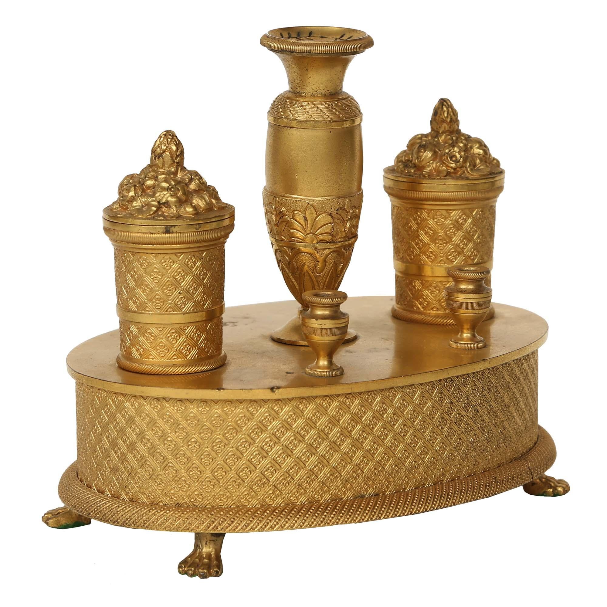 French 19th Century Empire St. Oval Ormolu Inkwell For Sale 1