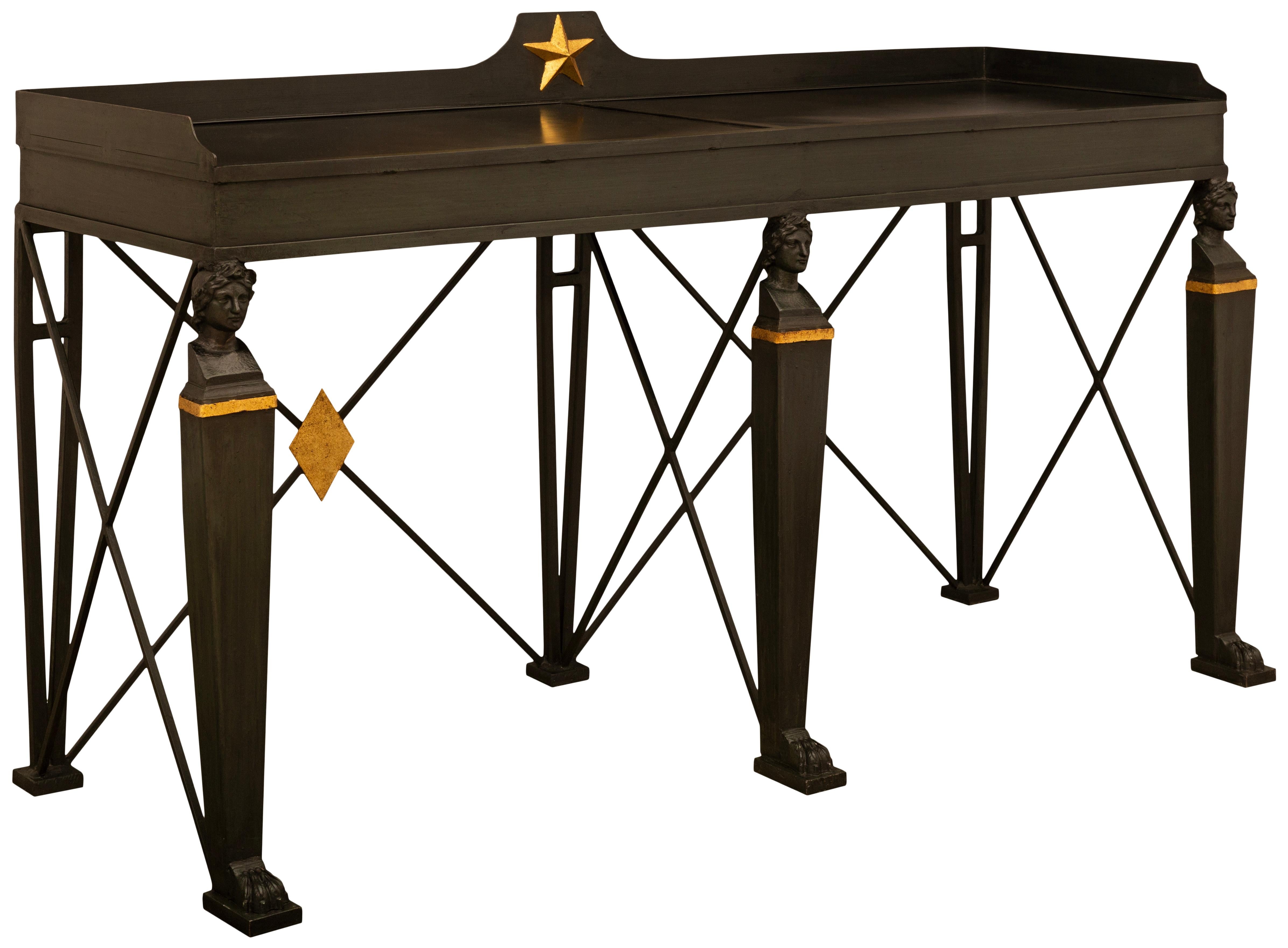 Patinated French 19th century Empire st. patinated, Verdigris Bronze and Slate console. For Sale