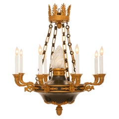 Lampadario francese del XIX secolo in stile Impero con tole, vetro smerigliato e Ormolu