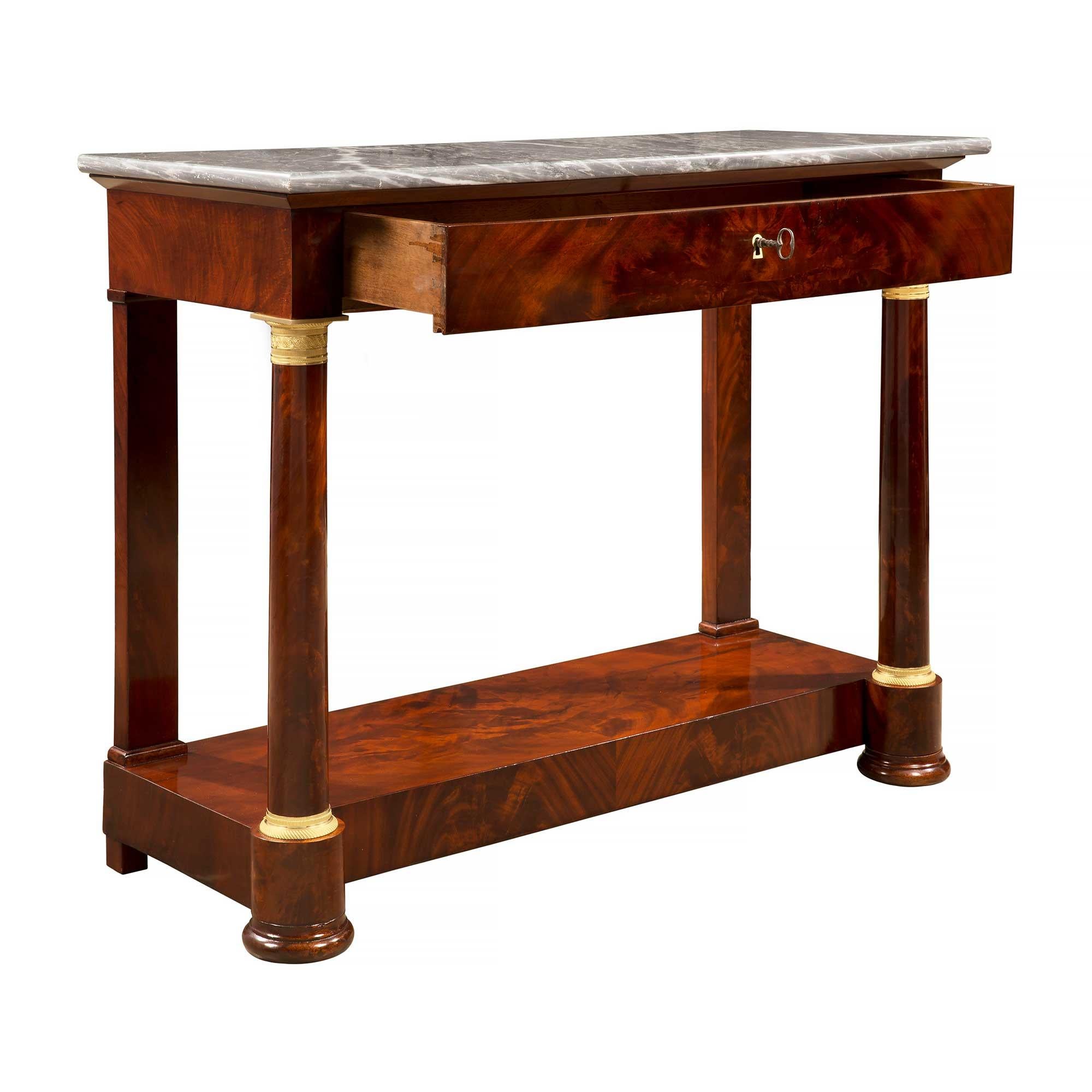 French 19th Century Empire Style Flamed Mahogany, Ormolu and Marble Console For Sale 1