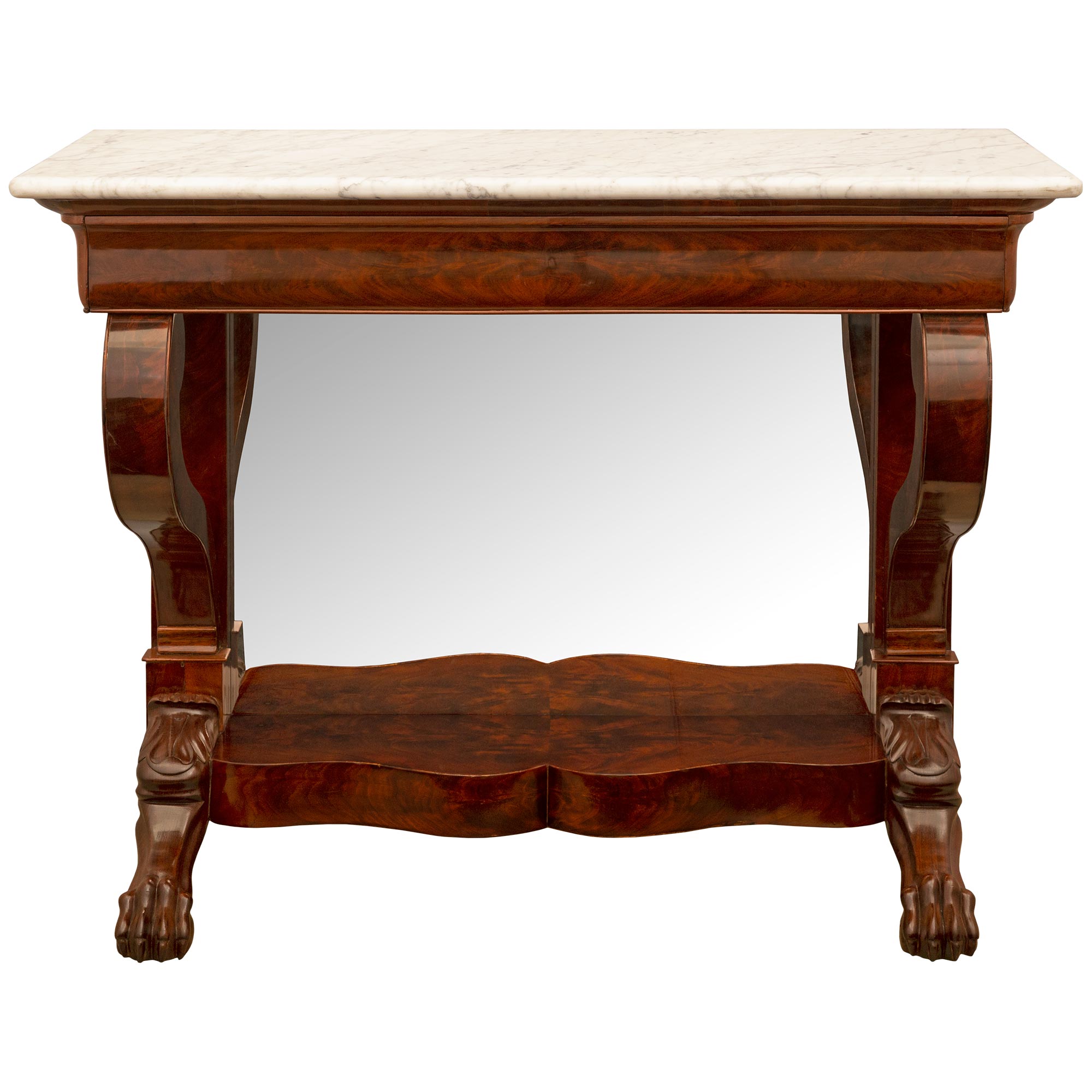 Console française de style Empire du 19ème siècle en acajou et bois de citronnier incrusté
