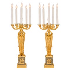 French 19th Century Empire Style Ormolu and Granite Five-Arm Lamps