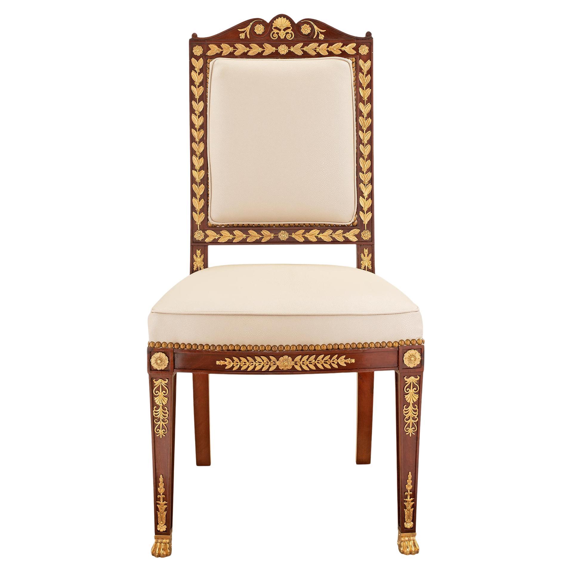 French 19th Century Empire Style Ormolu and Solid Mahogany Side Chair For Sale