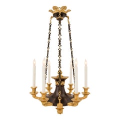 Sechsarmiger Kronleuchter aus patinierter Bronze und Goldbronze im Empire-Stil des 19. Jahrhunderts