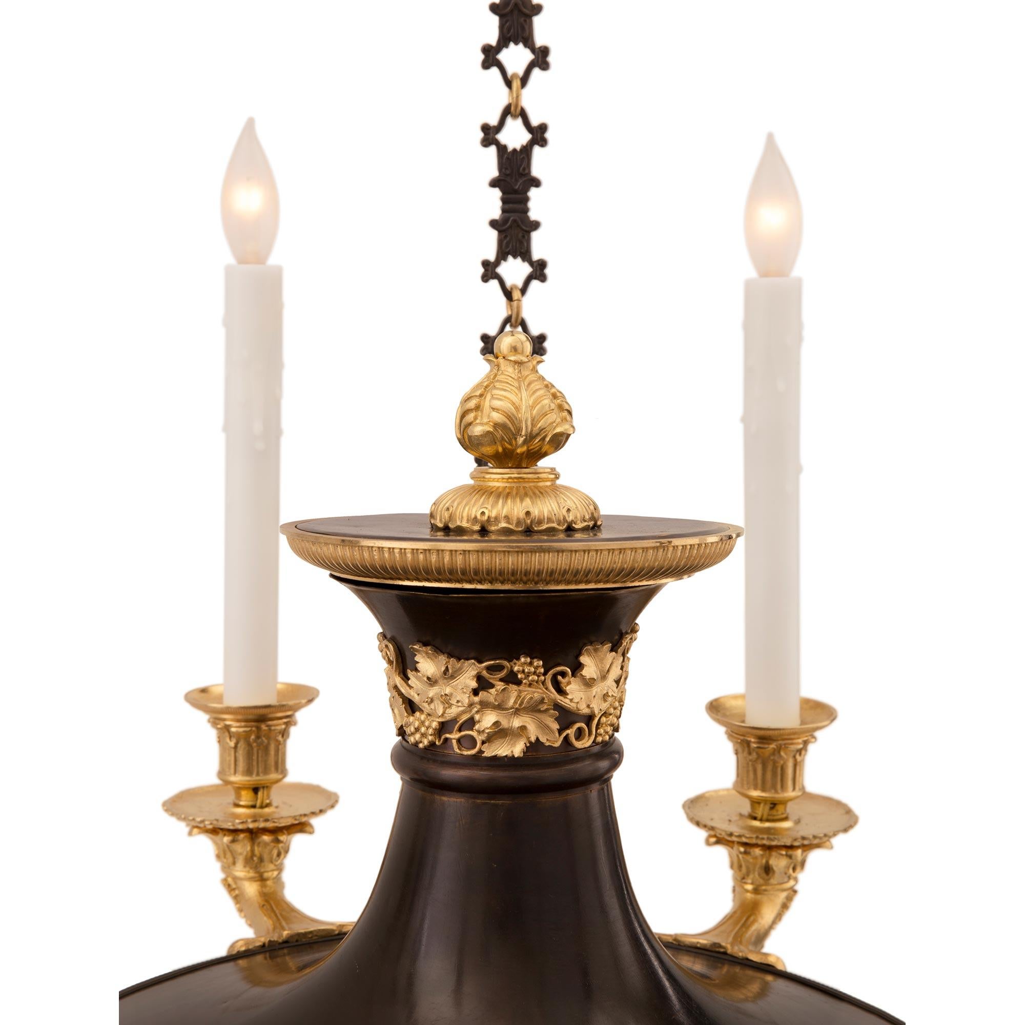 French 19th Century Empire Style Patinated Bronze and Ormolu Six-Arm Chandelier For Sale 1