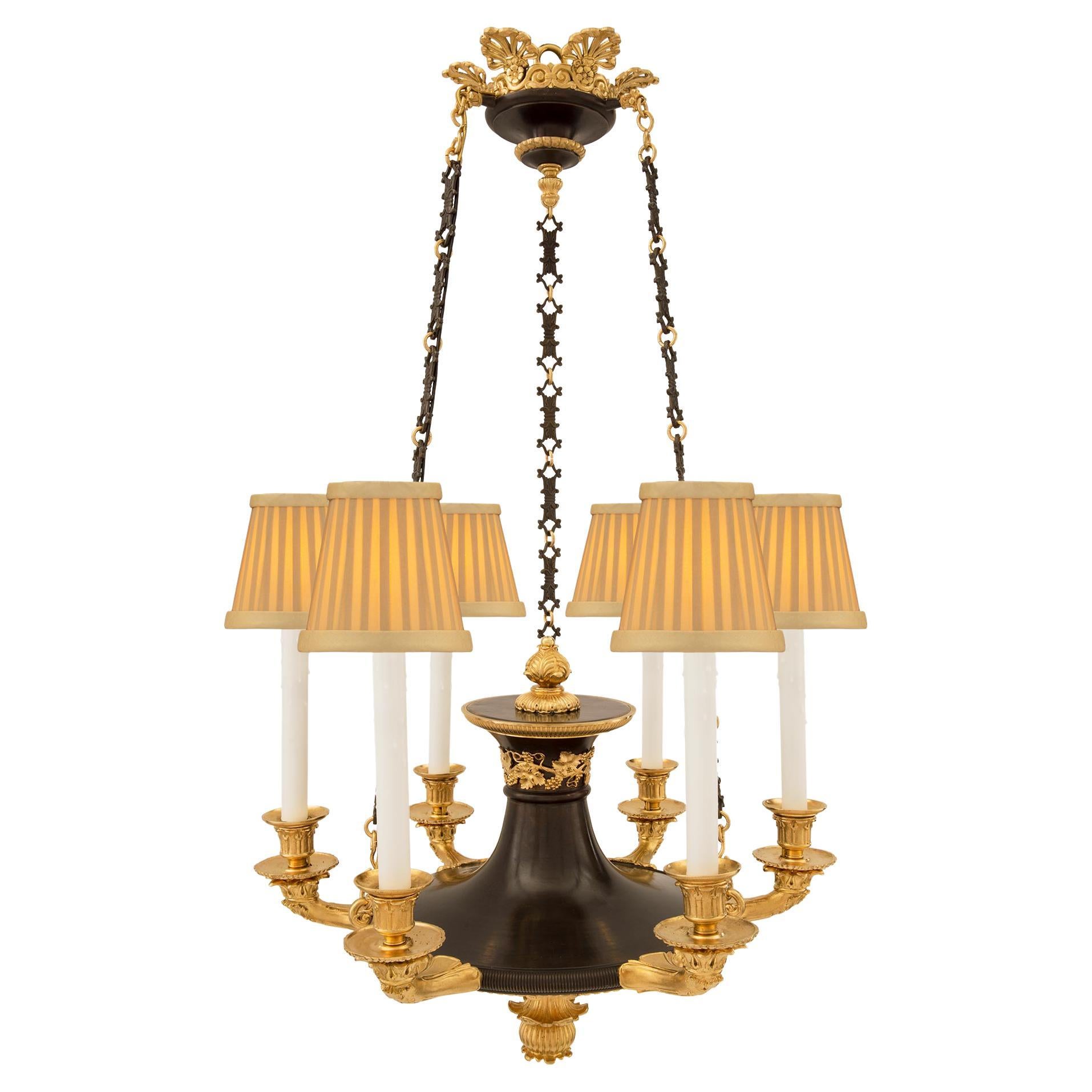 French 19th Century Empire Style Patinated Bronze and Ormolu Six-Arm Chandelier