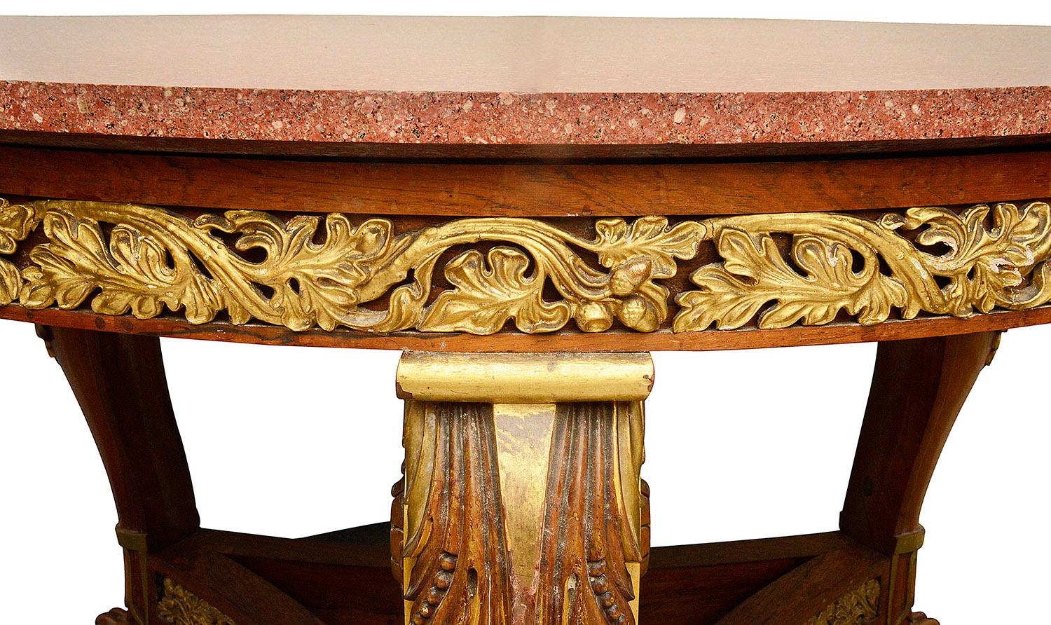 Hand-Carved French 19th Century Empire Style Porphyry Marble Top Center Table For Sale
