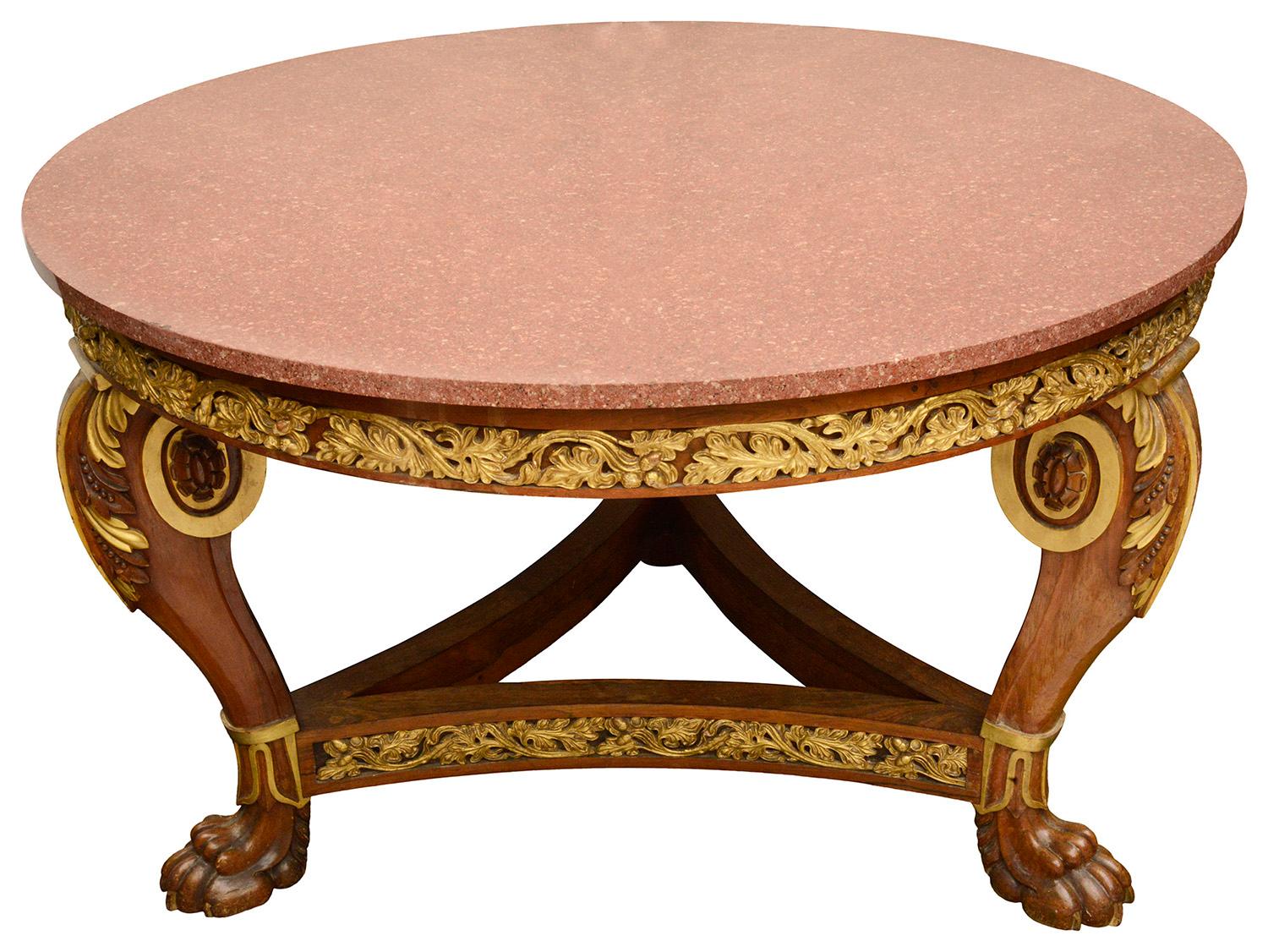 Mesa de centro de pórfido con tapa de mármol estilo Imperio francés del siglo XIX Francés en venta