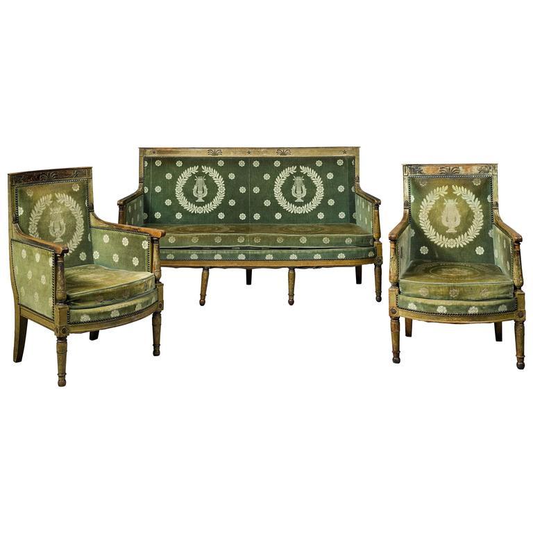 Three-piece group of empire seating
includes canape and two bergeres
canape - H 36 in; bergere - H 35-1/4.
 
