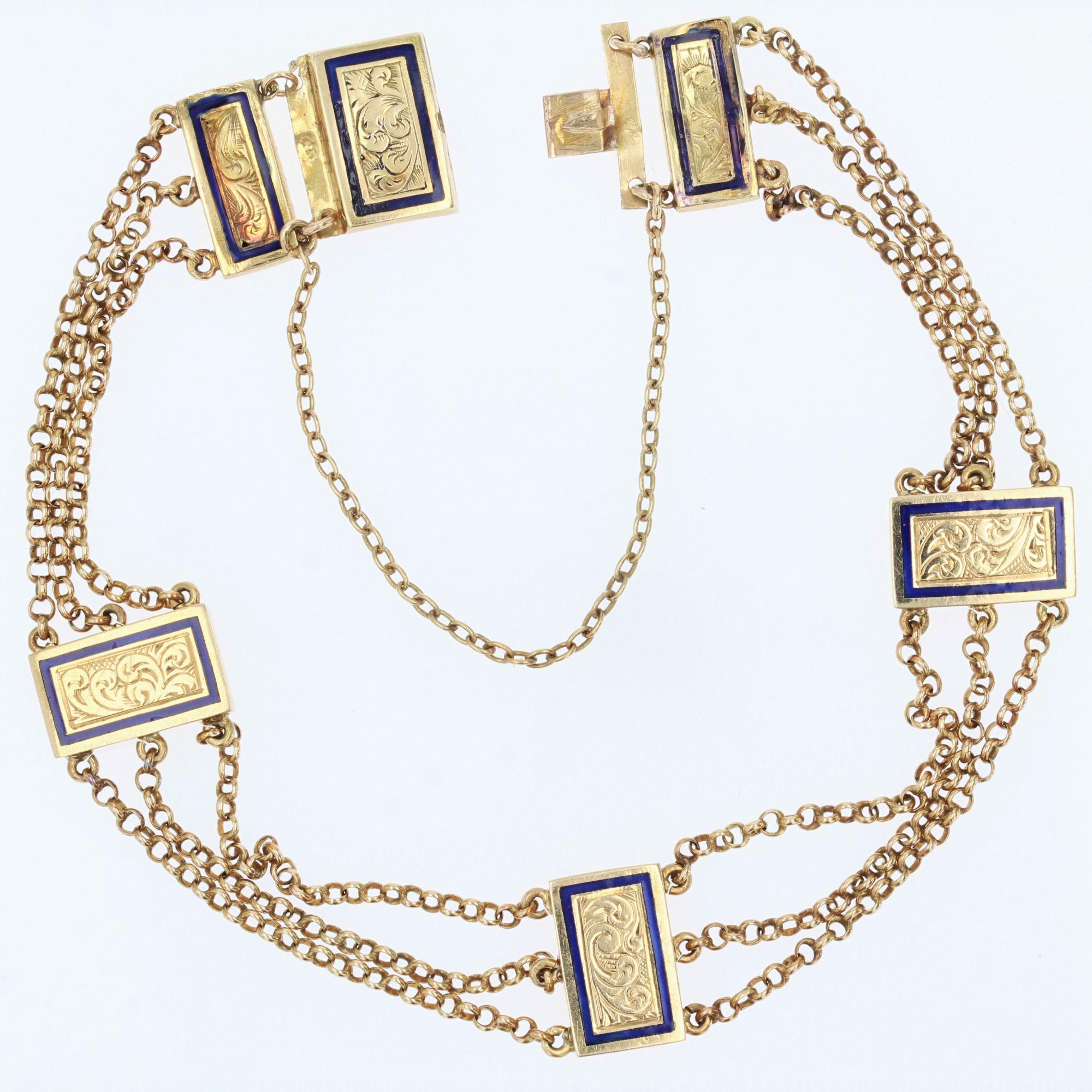 French 19th Century Enameled Plates 18 Karat Yellow Gold Chain Bracelet 1