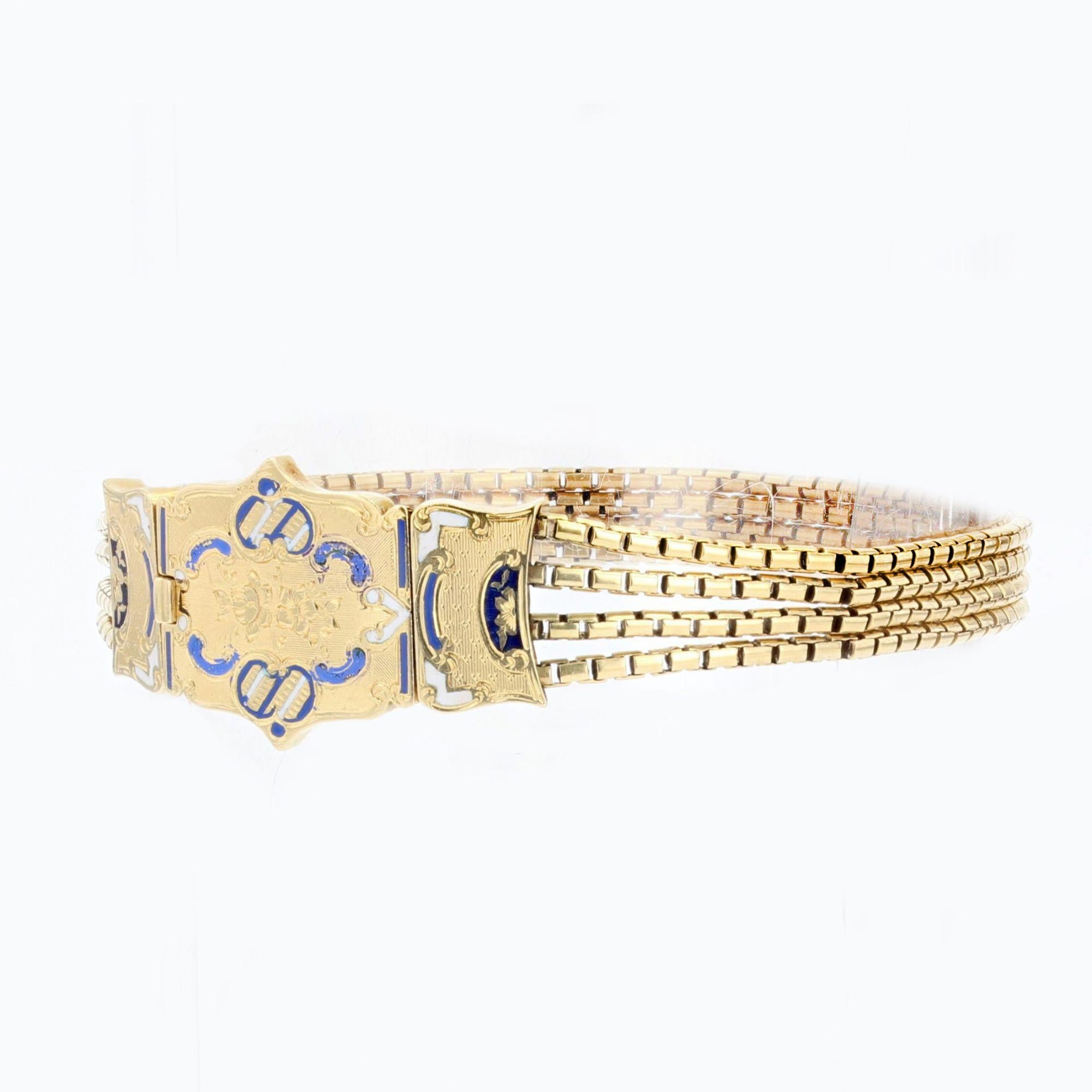 Napoleon III French 19th Century Enamelled Clasp 18 Karat Yellow Gold Bracelet For Sale